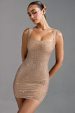 Embellished Square Neck Mini Dress in Almond