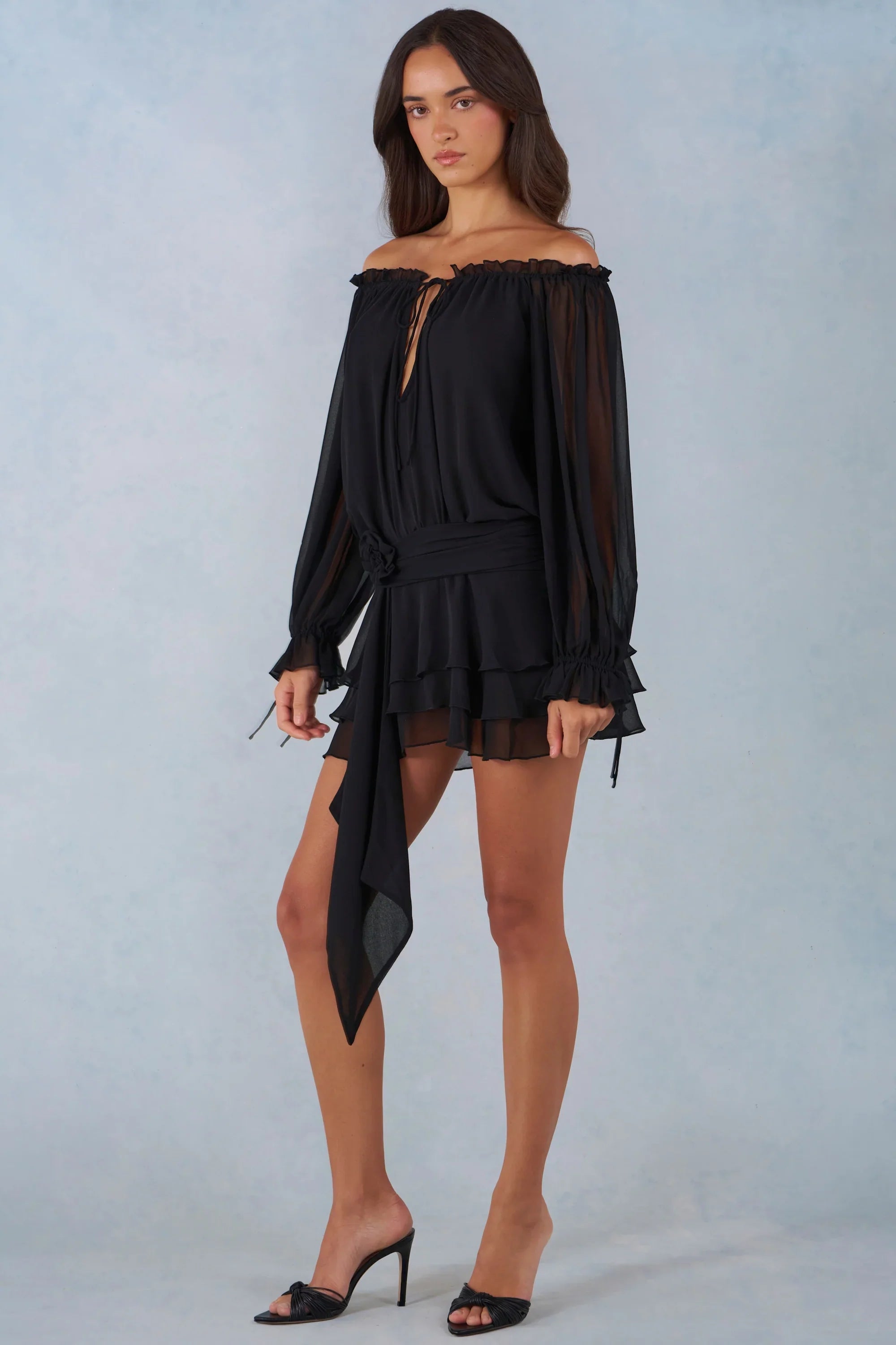 Off Shoulder Balloon Sleeve Mini Dress in Black
