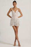 Embellished Ruffled Tiered Mini Dress in White