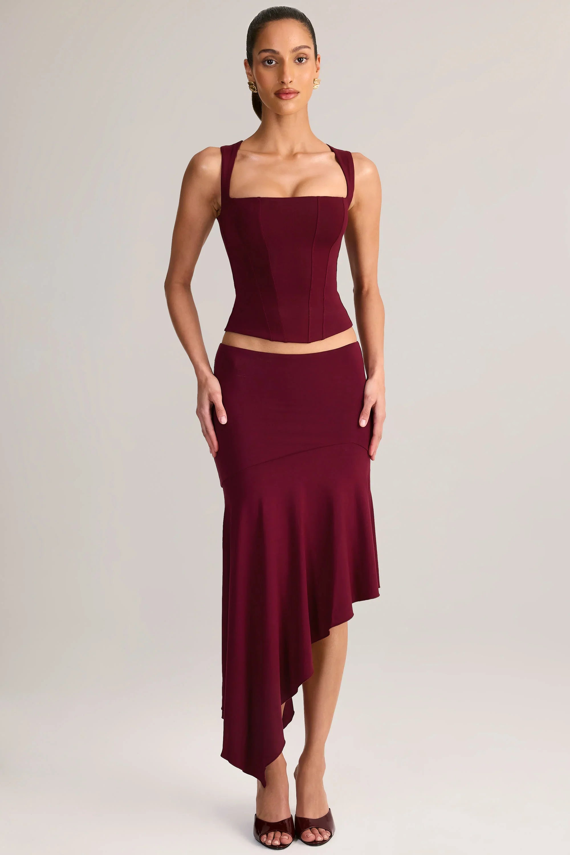 Modal Low Rise Asymmetric Midaxi Skirt in Wine