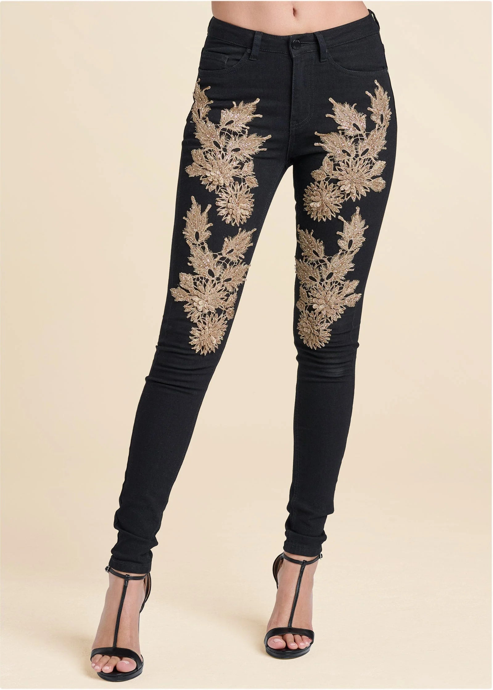 Floral Embellished Jeans Black Multi