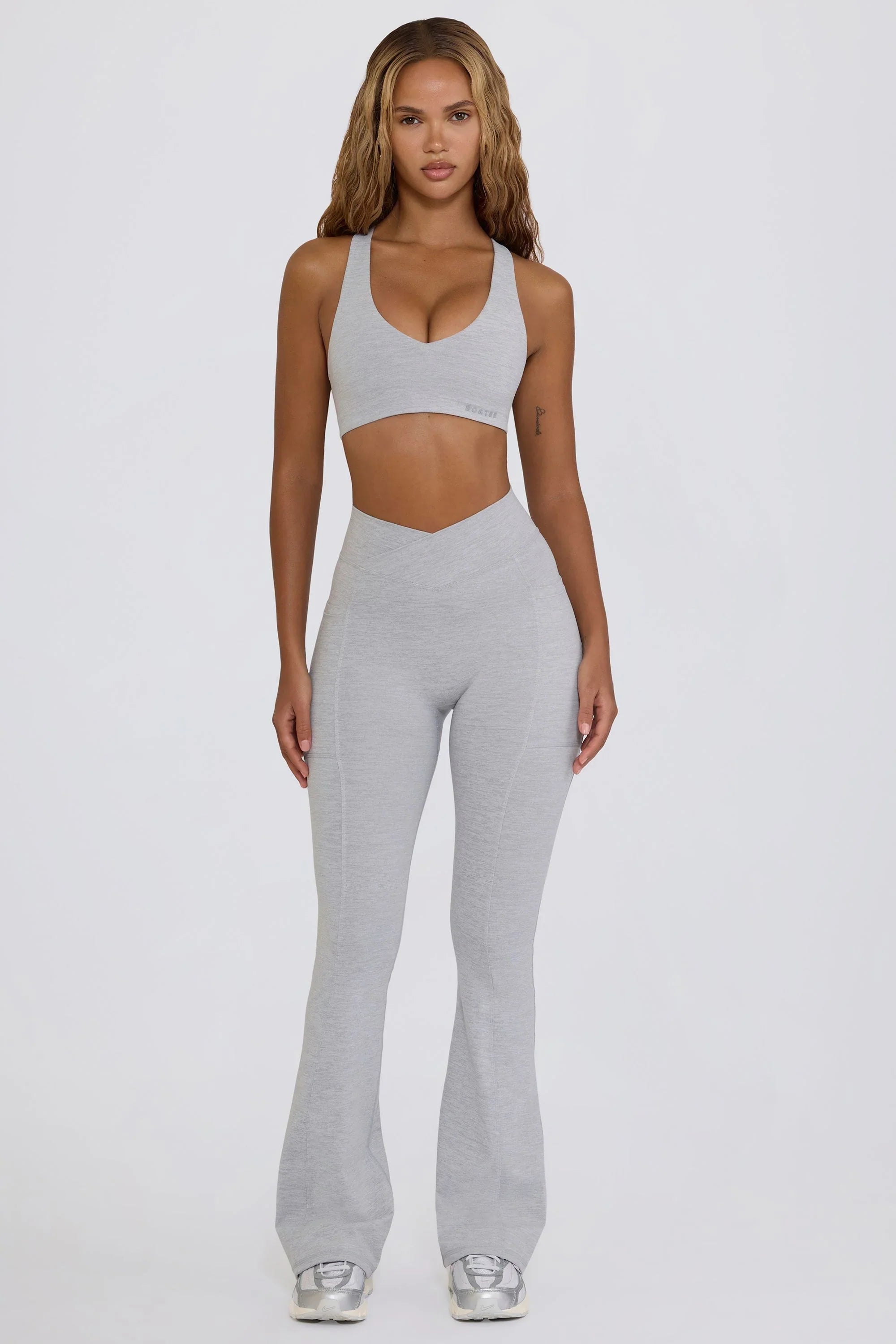 Soft Active V Waist Pocket Flared Leggings in Grey Marl