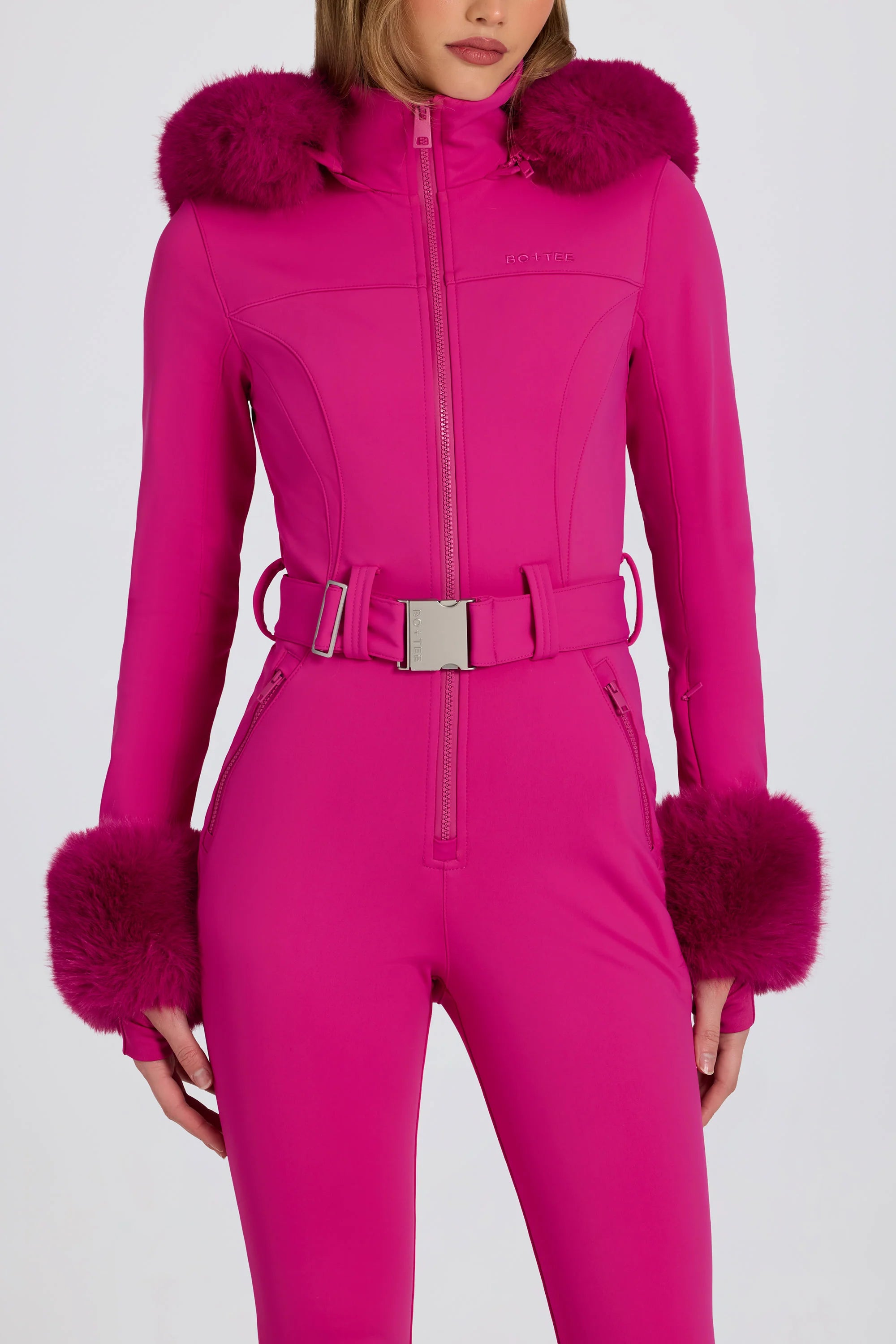 Waterproof Faux Fur Hood Fitted Ski Suit in Magenta Pink