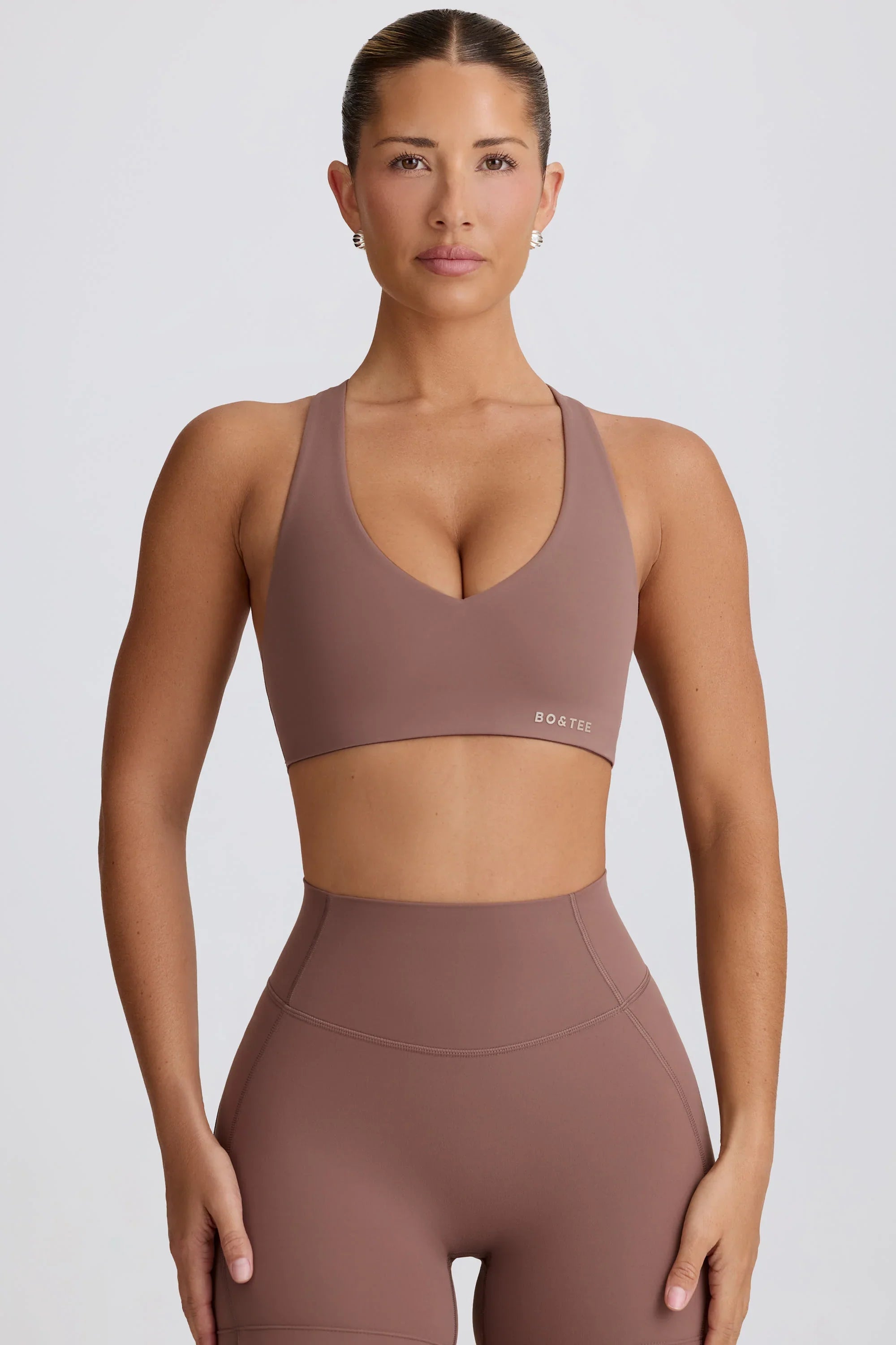 Soft Active V Neck Sports Bra in Mocha