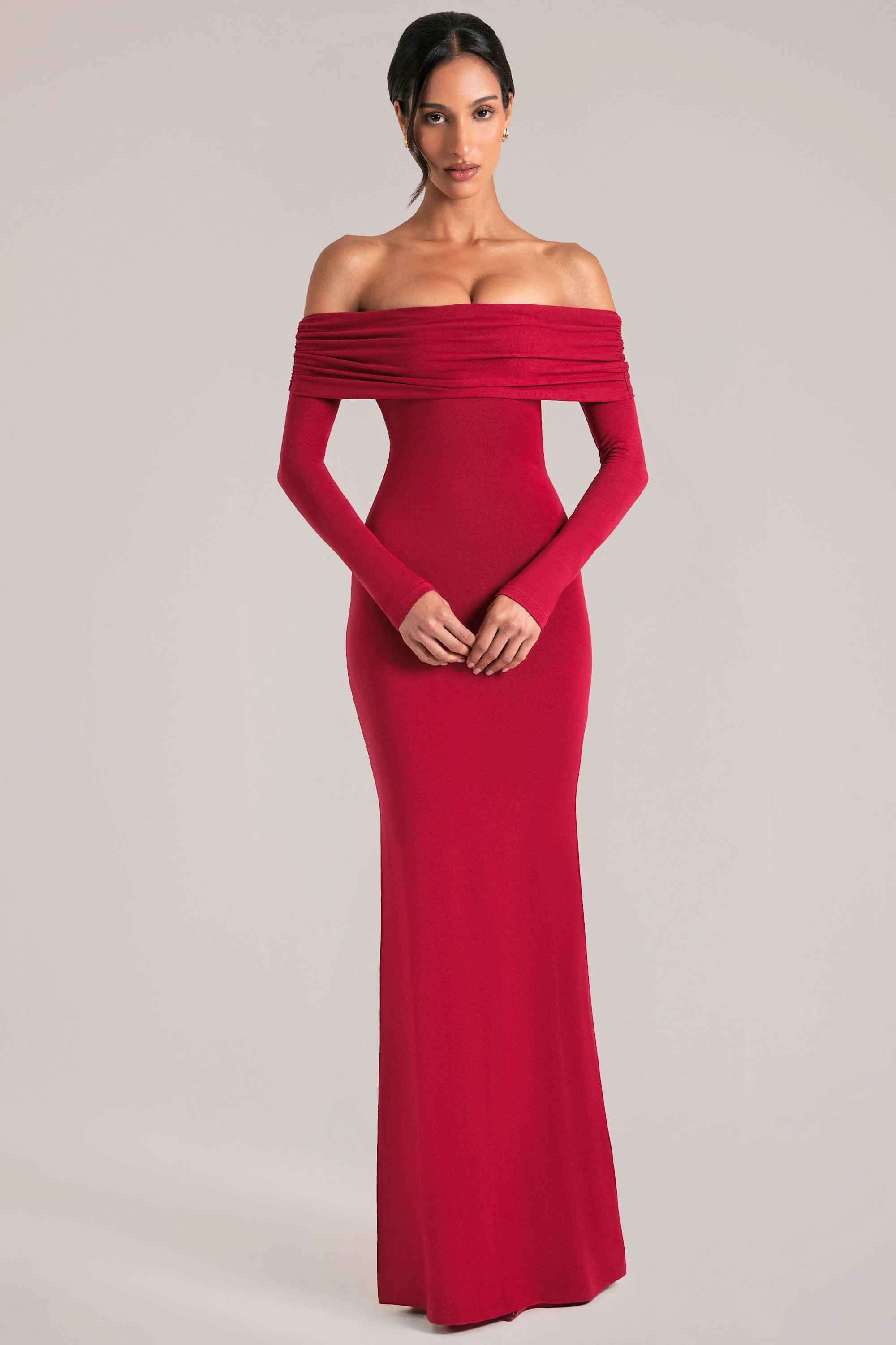 Off Shoulder Long Sleeve Maxi Dress in Cherry Red
