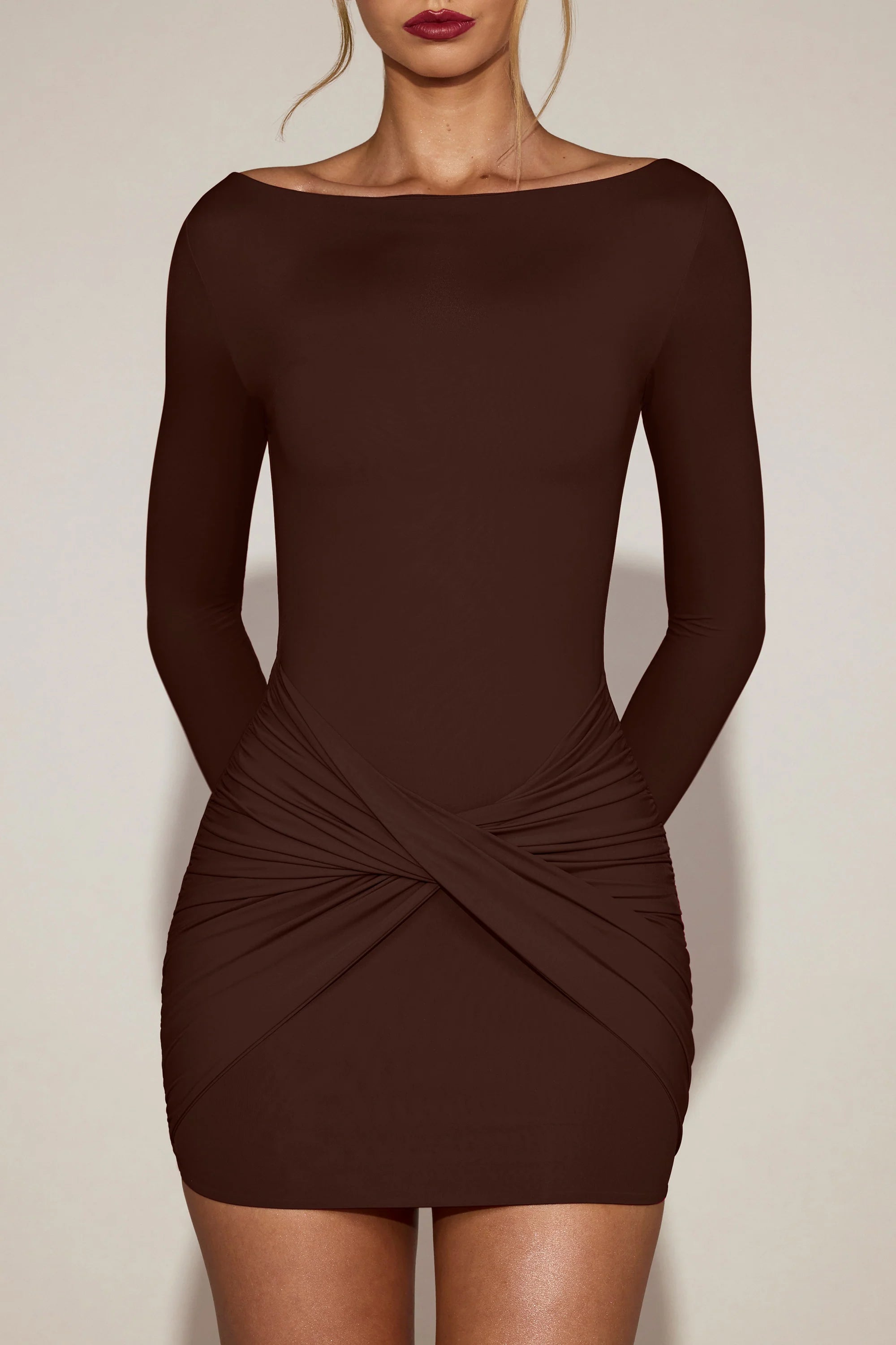 Soft Jersey Boat Neck Draped Mini Dress in Chocolate Brown