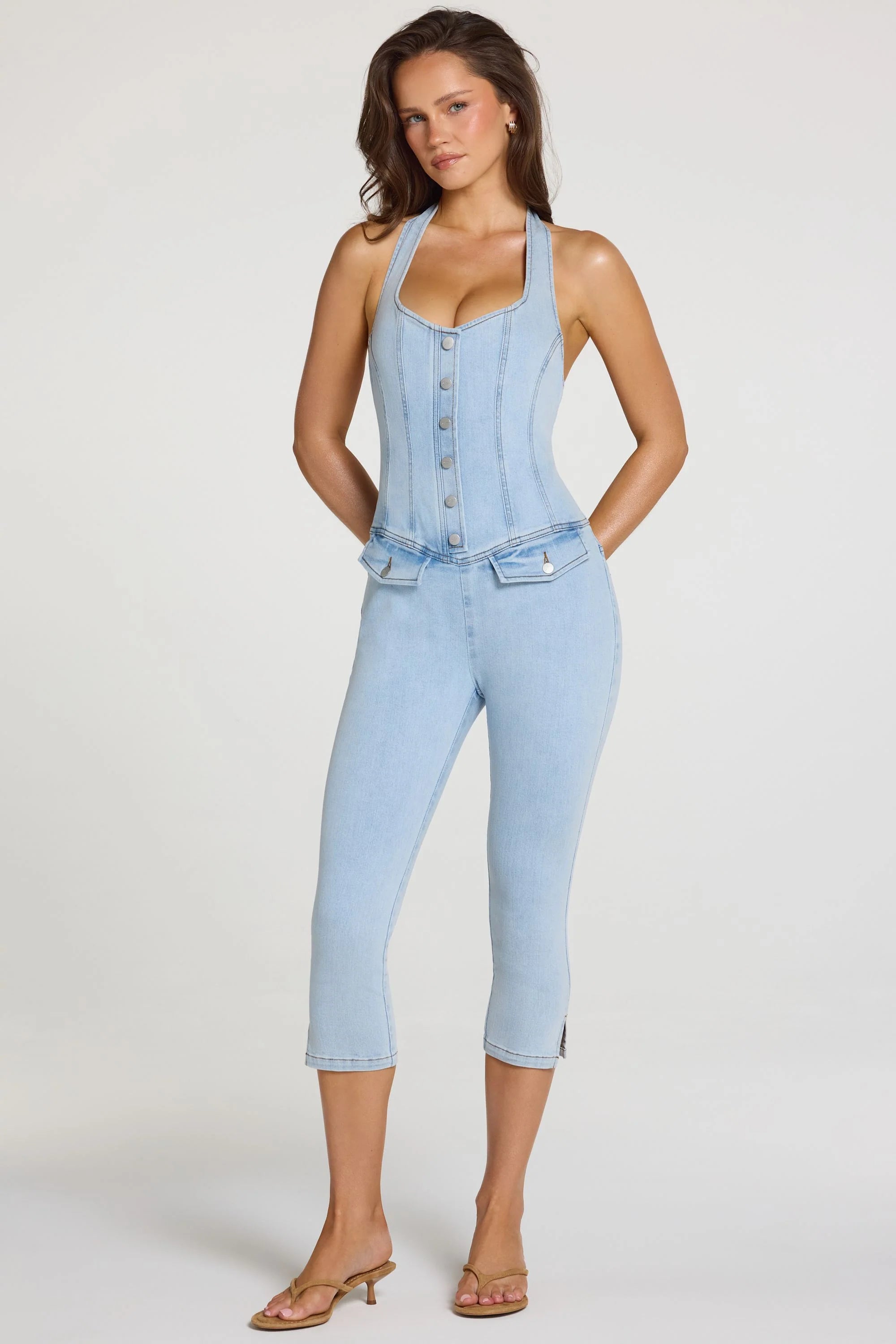 Denim Capri Jumpsuit in Light Denim