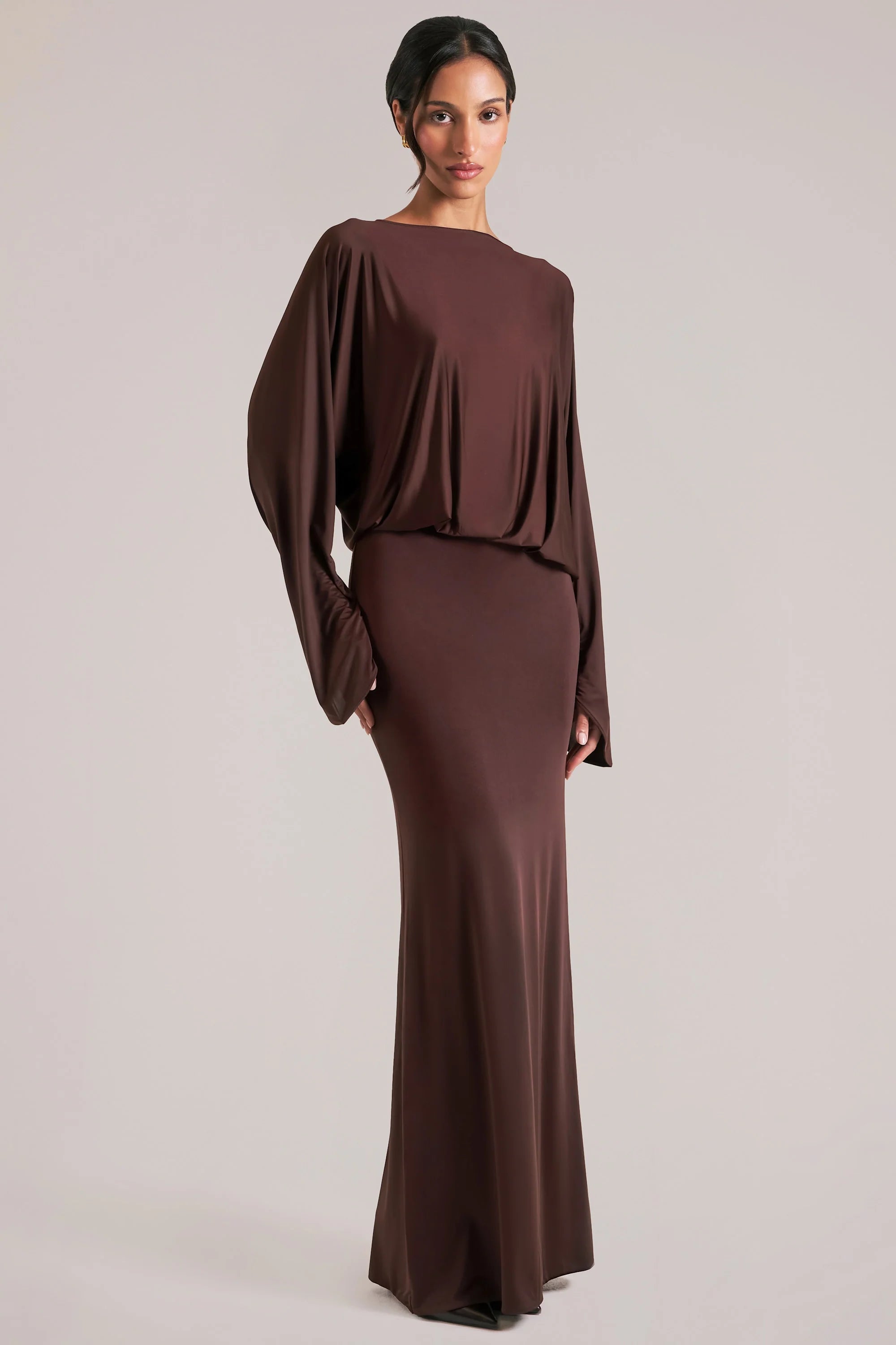 Long Sleeve Draped Maxi Dress in Chocolate Brown