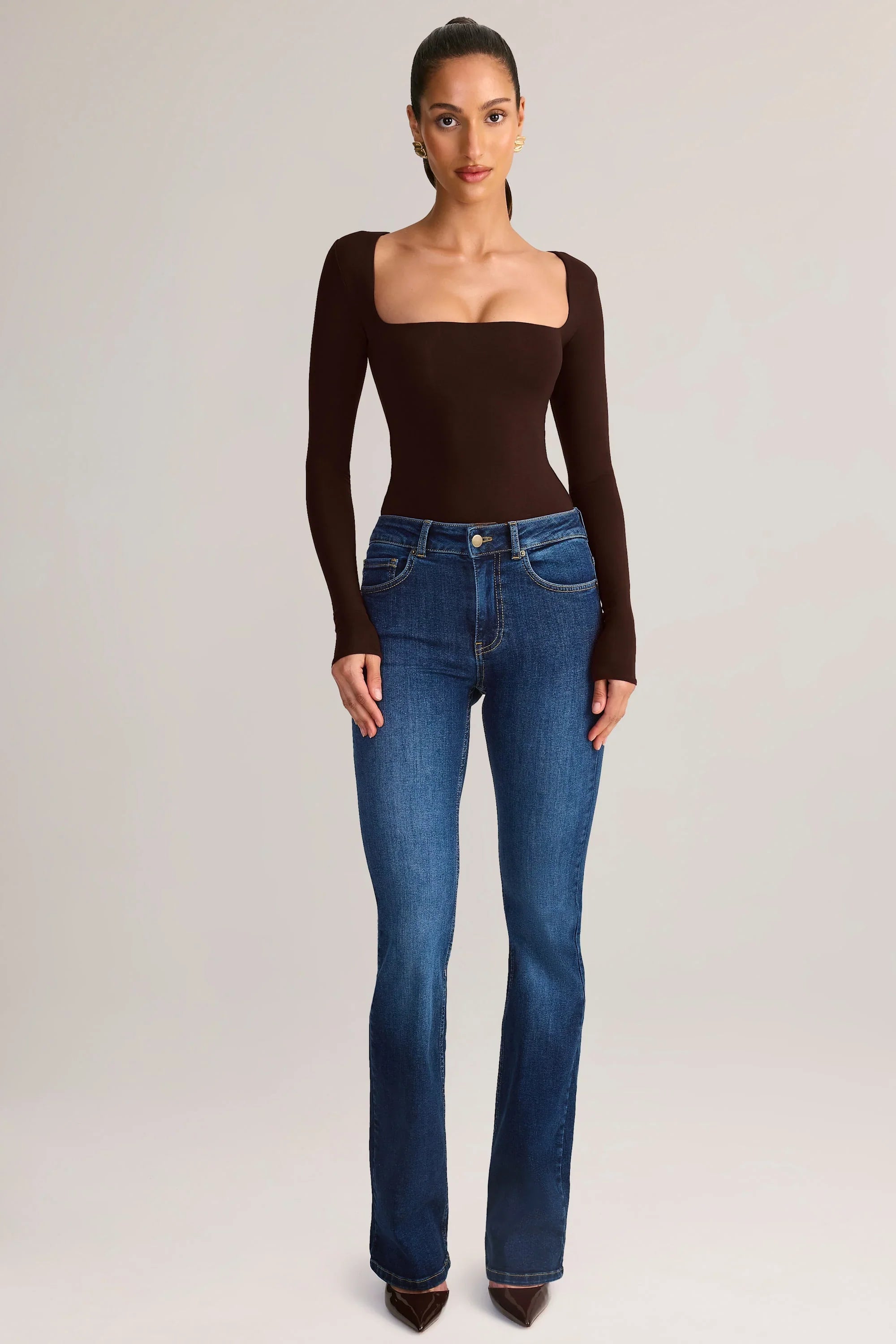 Modal Square Neck Long Sleeve Top in Chocolate Brown