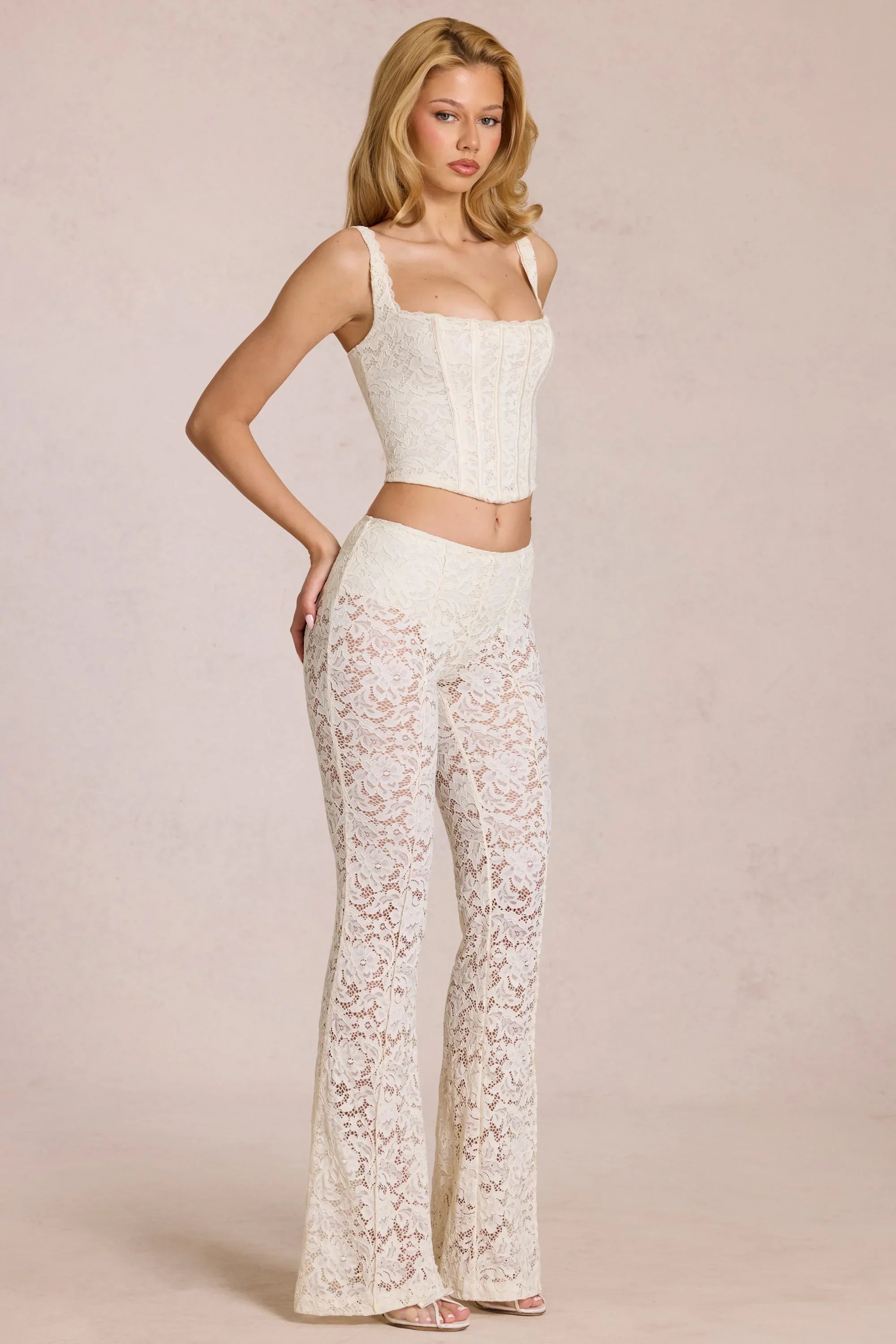 Sheer Lace Mid Rise Flared Trousers in Pearl
