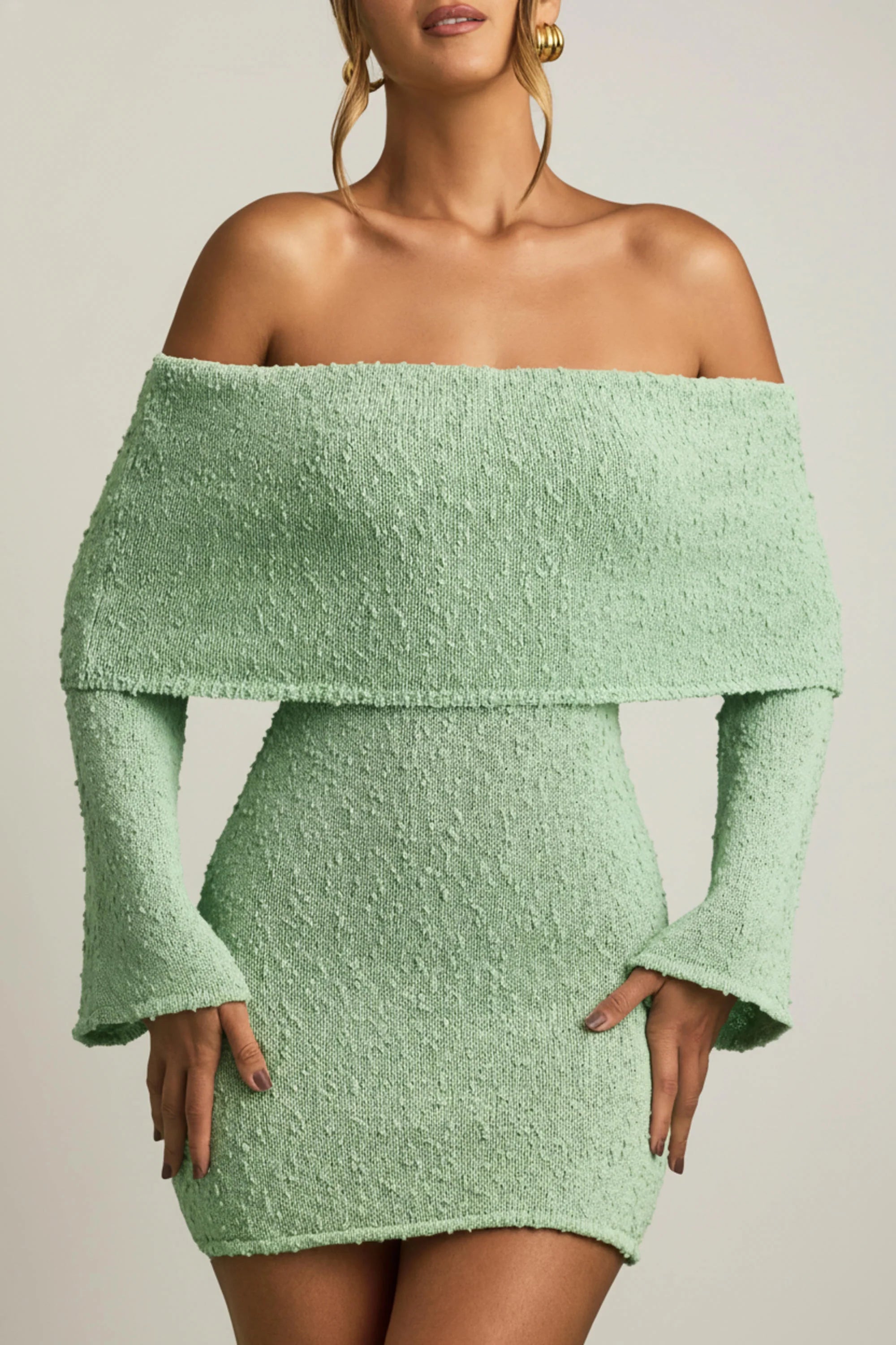 Bouclé Off Shoulder Mini Dress in Mint