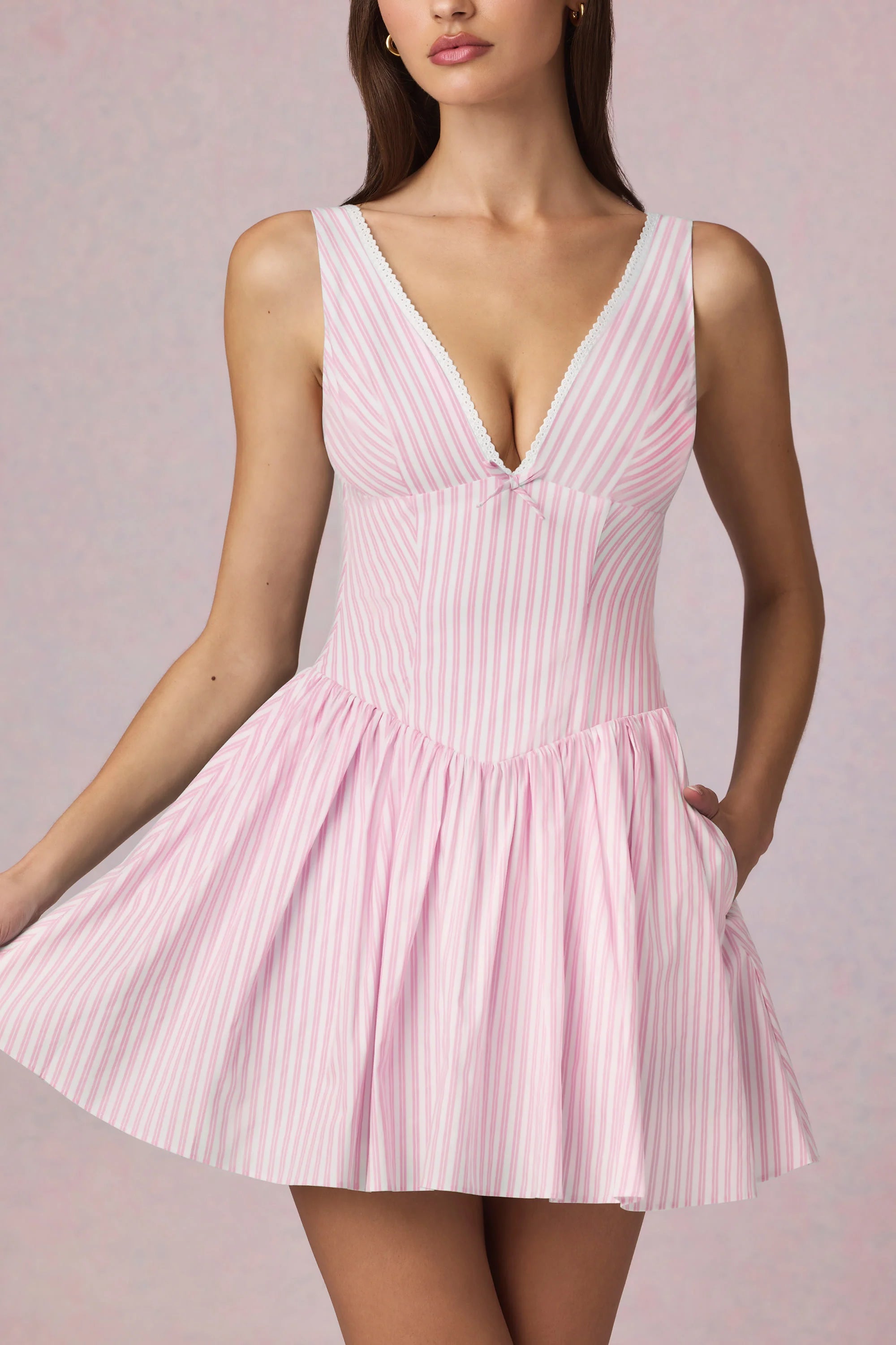 Bow Detail A Line Mini Dress in Soft Mauve Stripe