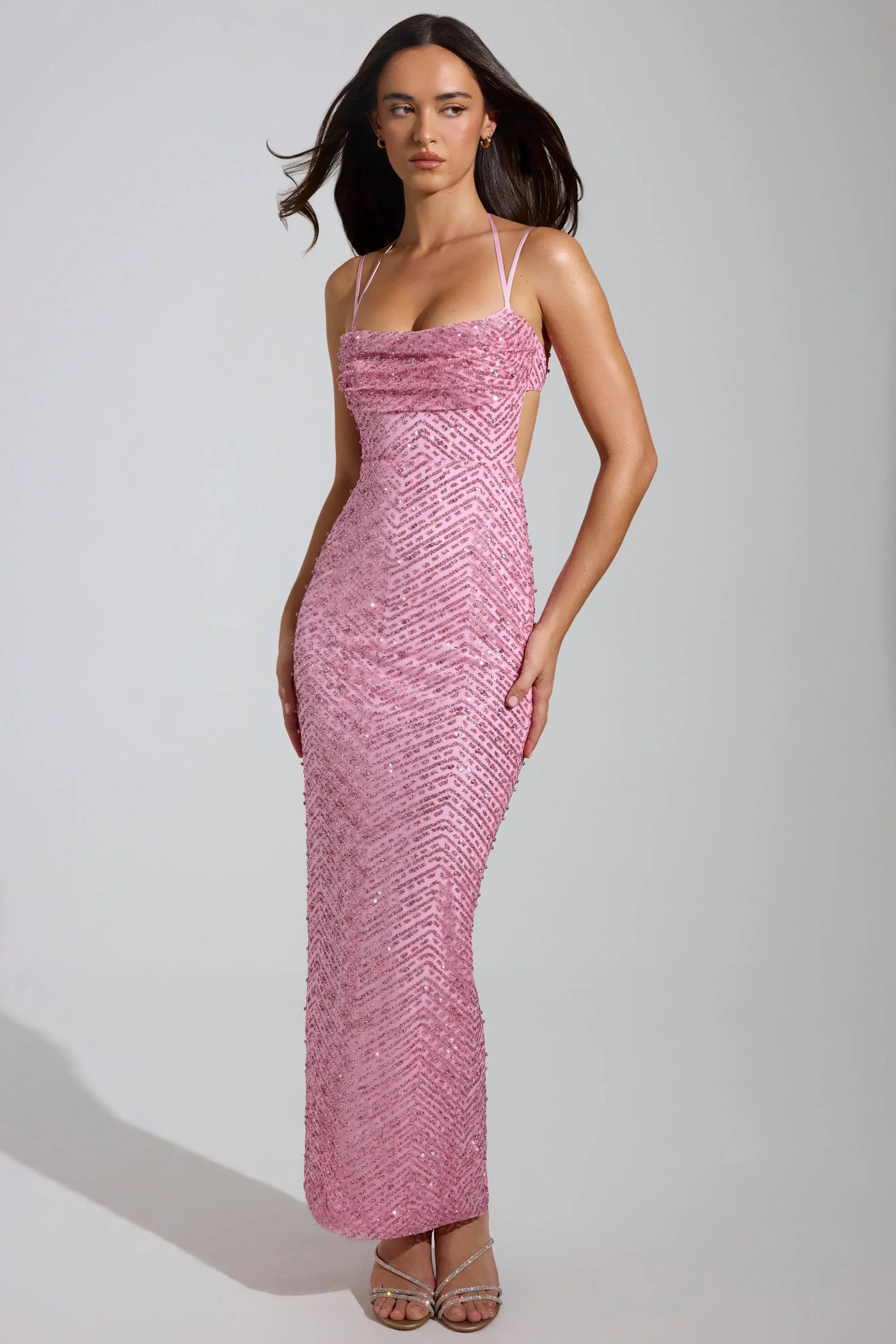 Embellished Cowl Neck Maxi Dress in Pink