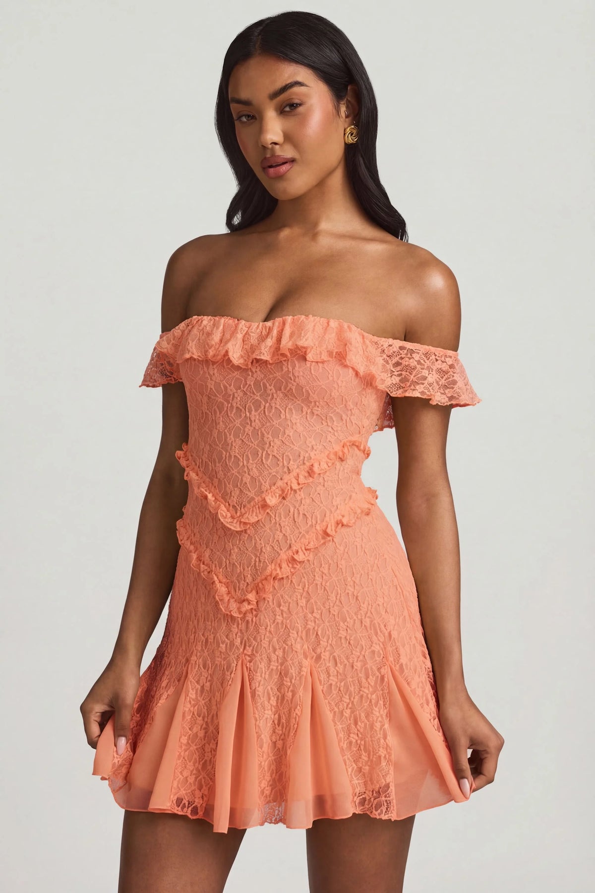 Off Shoulder Lace A Line Mini Dress in Peach