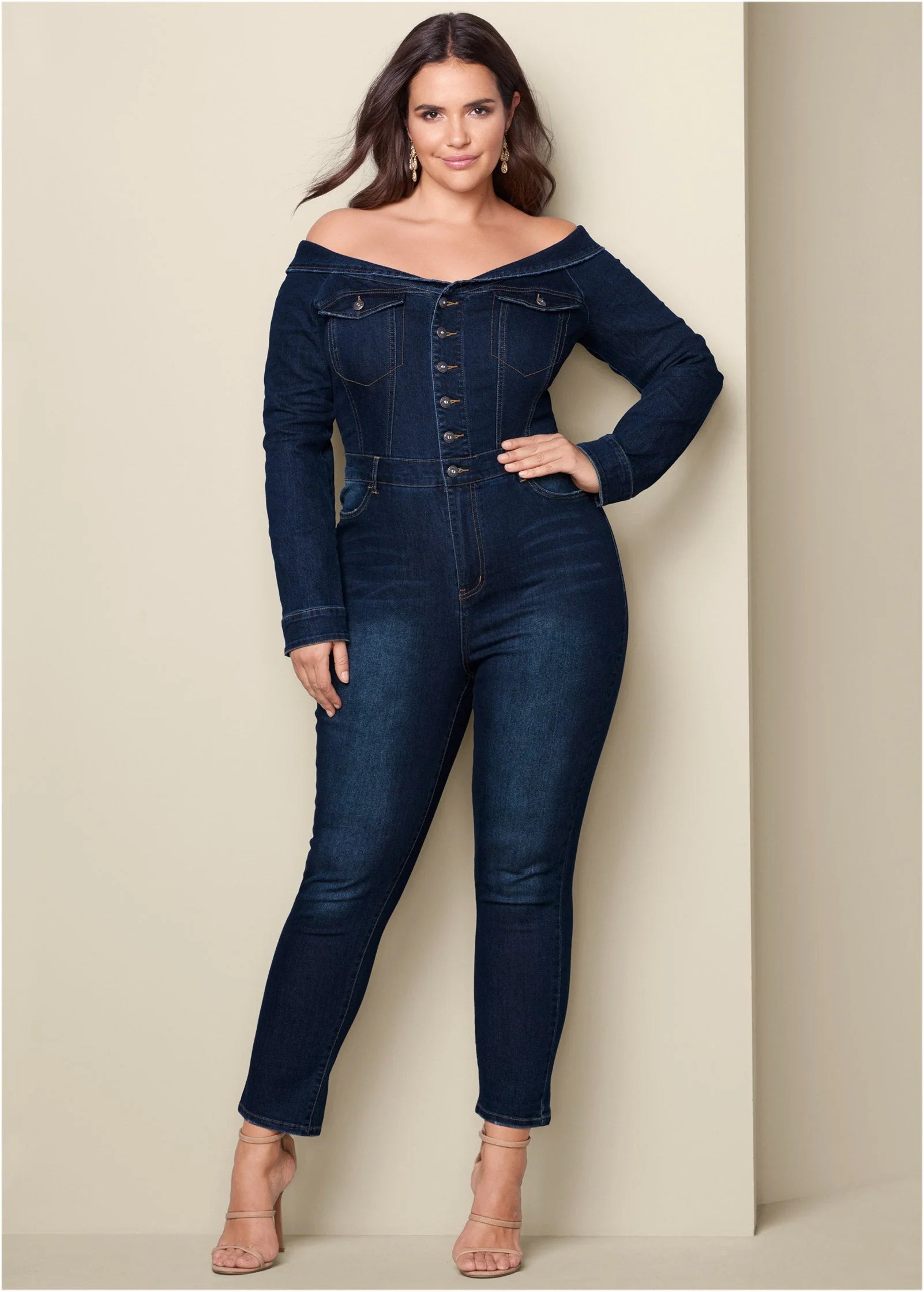 Off The Shoulder Denim Jumpsuit Dark Wash