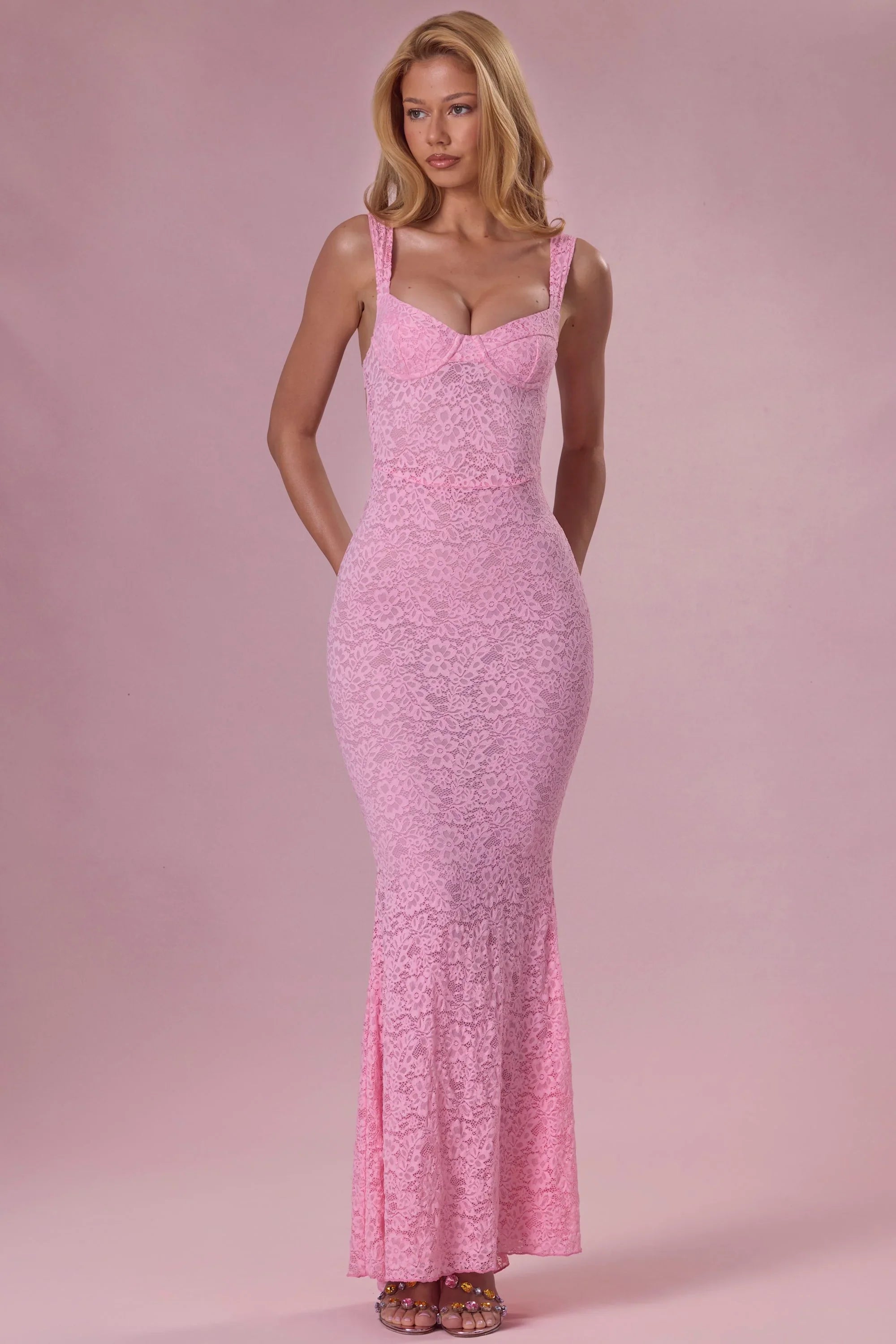 Lace Sweetheart Neck Gown in Blush Pink
