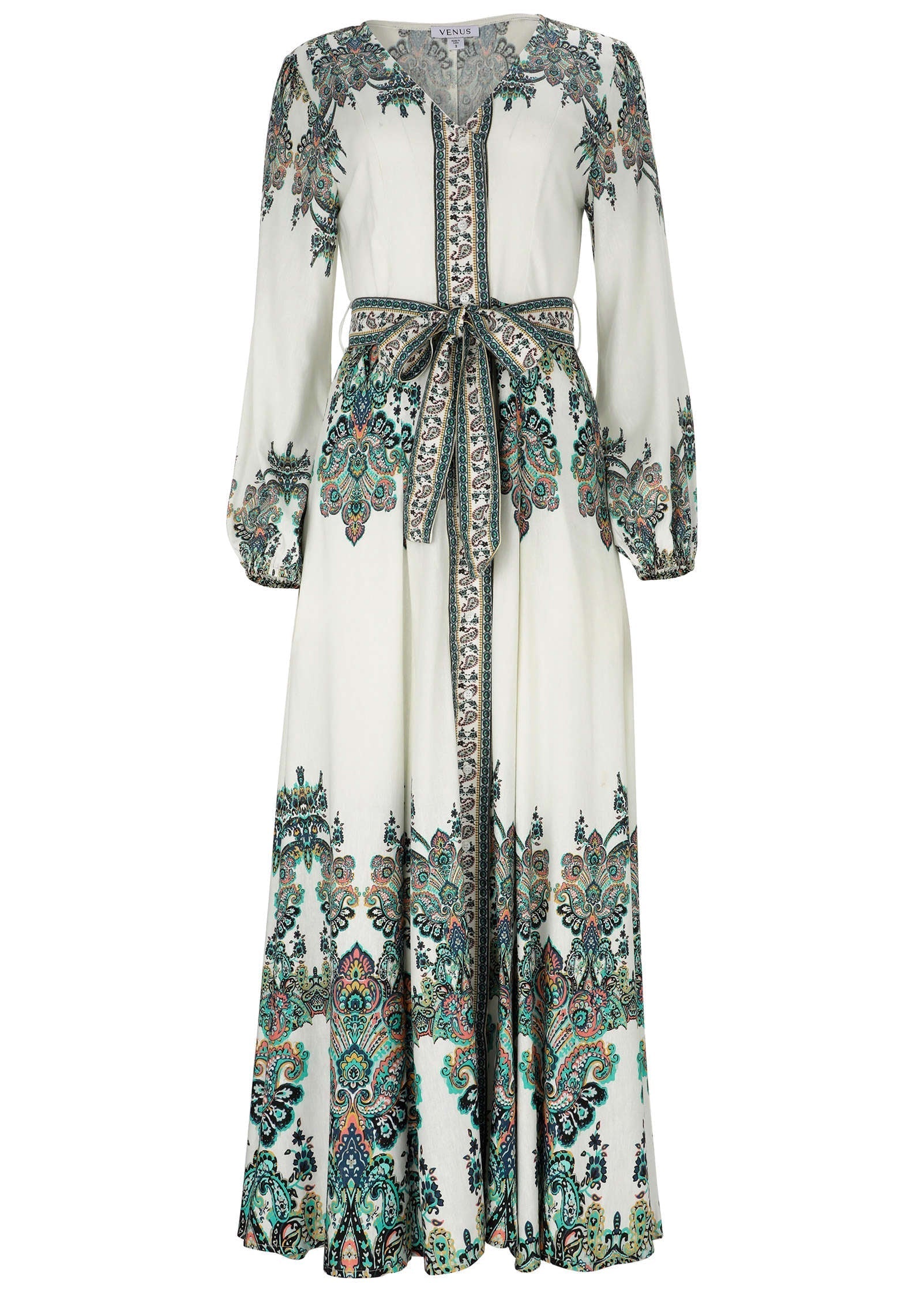 Tie Waist Linen Maxi Dress White Multi