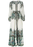 Tie Waist Linen Maxi Dress White Multi