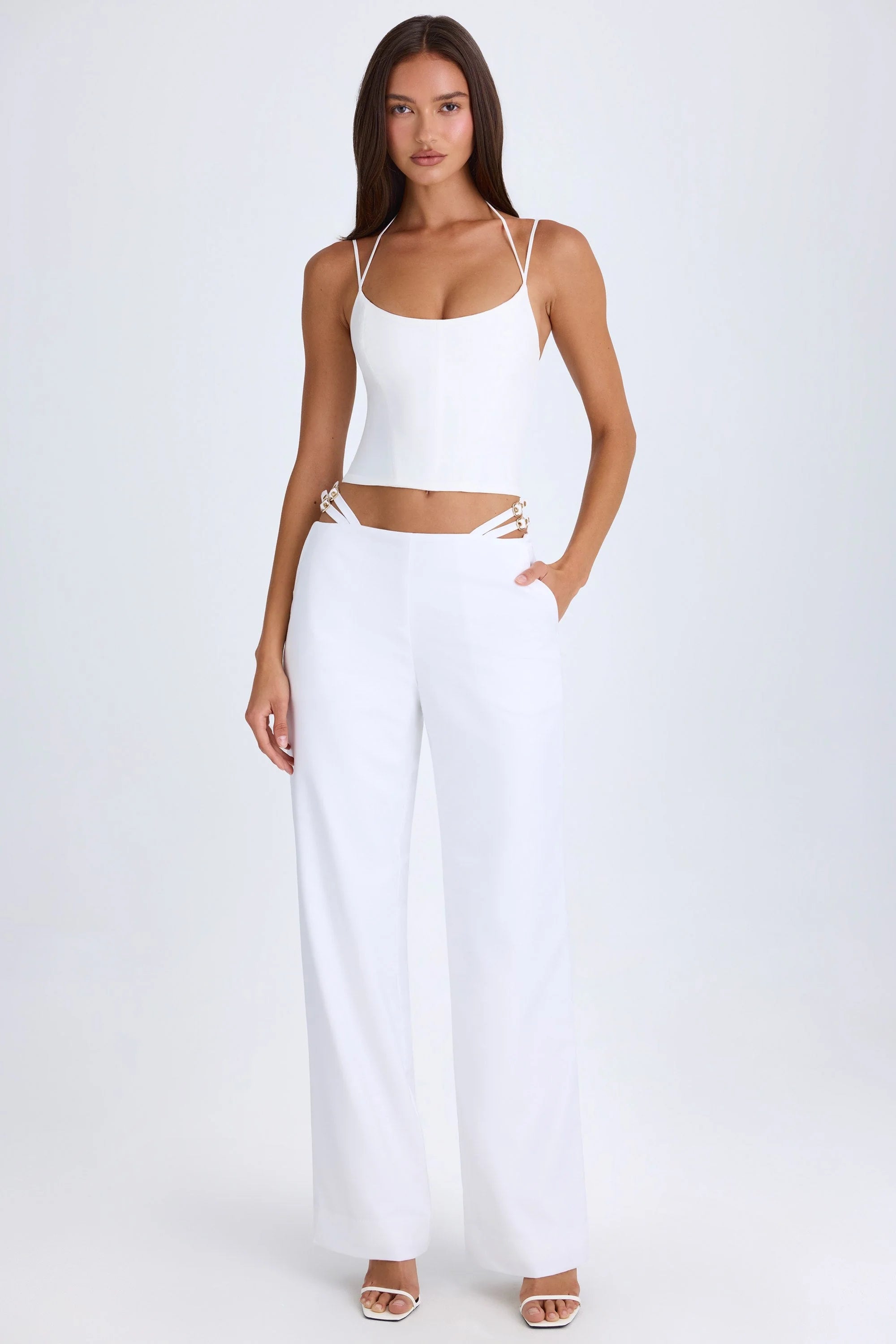 Belted Cut Out Wide Leg Trousers in White