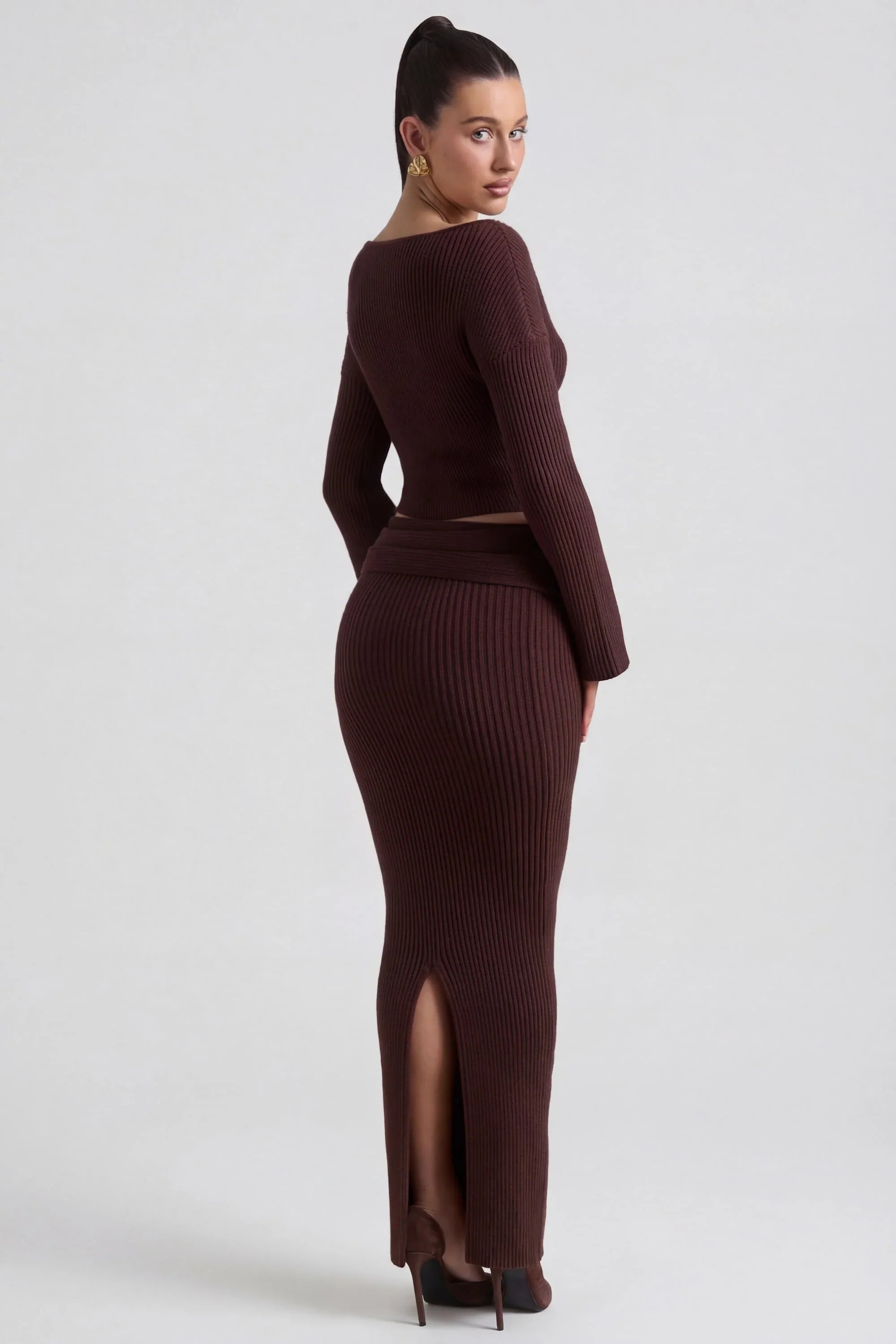 Ribbed Knit Foldover Maxi Skirt in Espresso