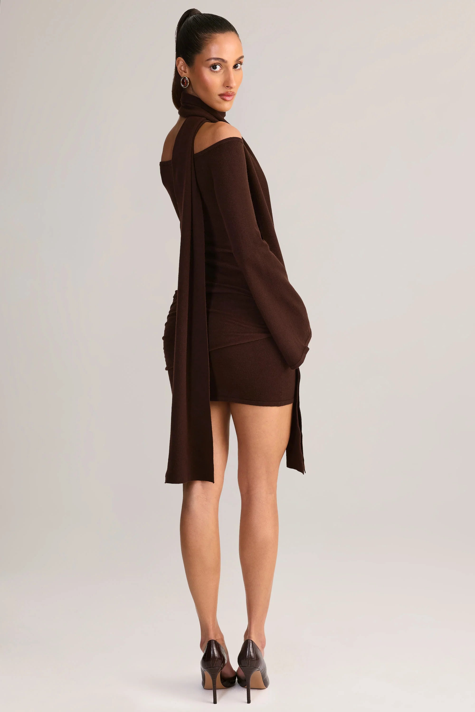 Knit Scarf Detail Off Shoulder Mini Dress in Chocolate Brown