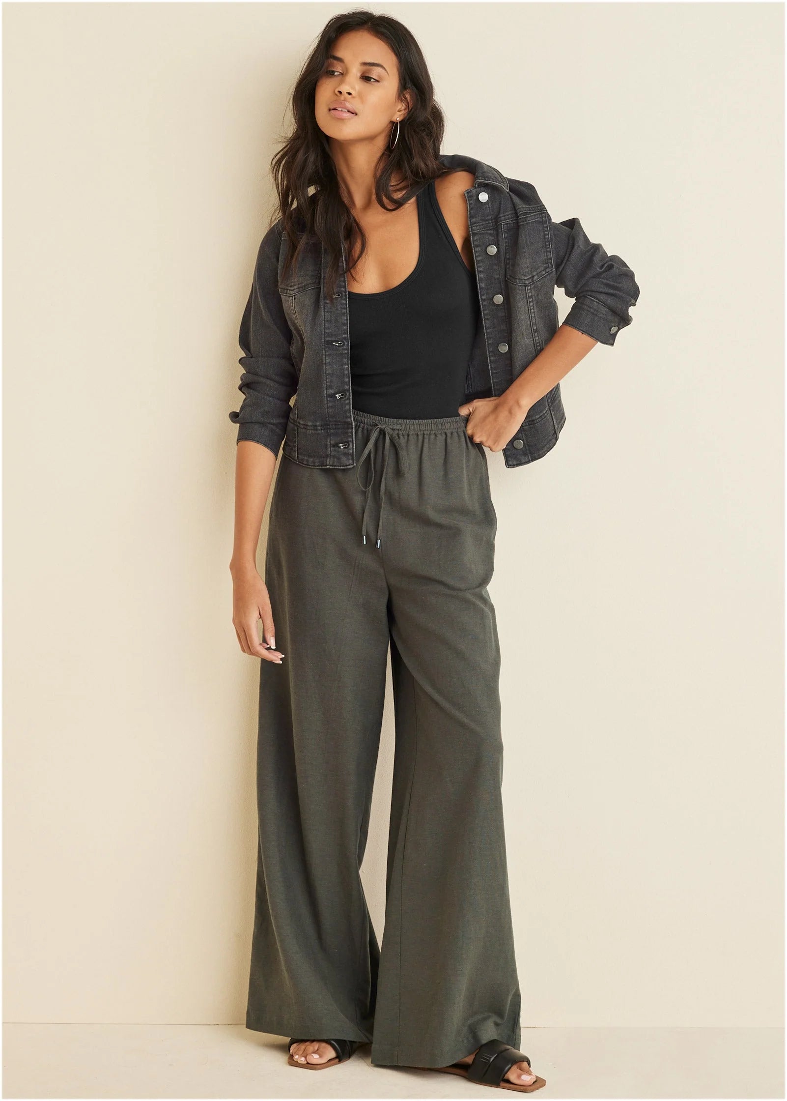 Linen Wide Leg Pants Olive