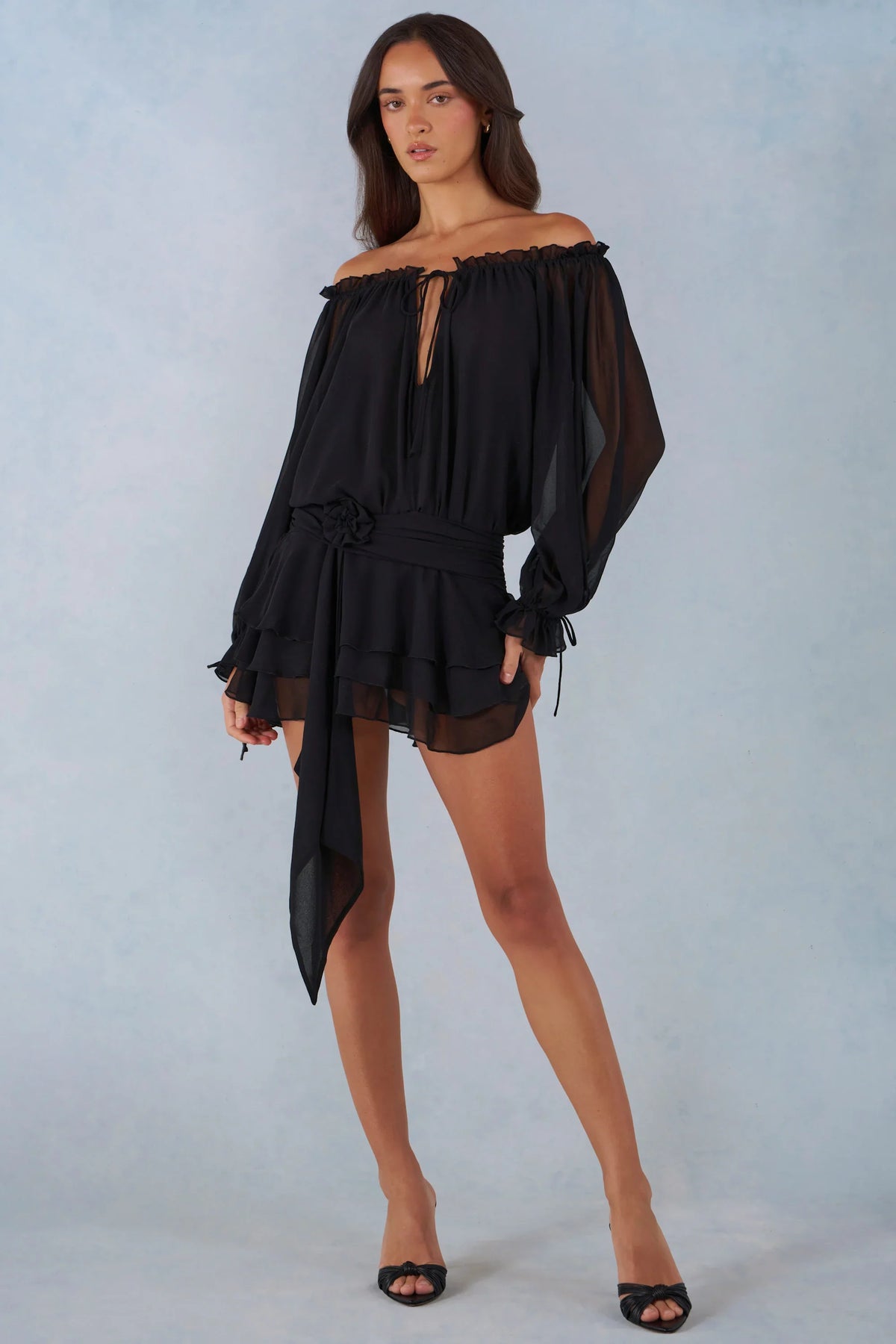 Off Shoulder Balloon Sleeve Mini Dress in Black