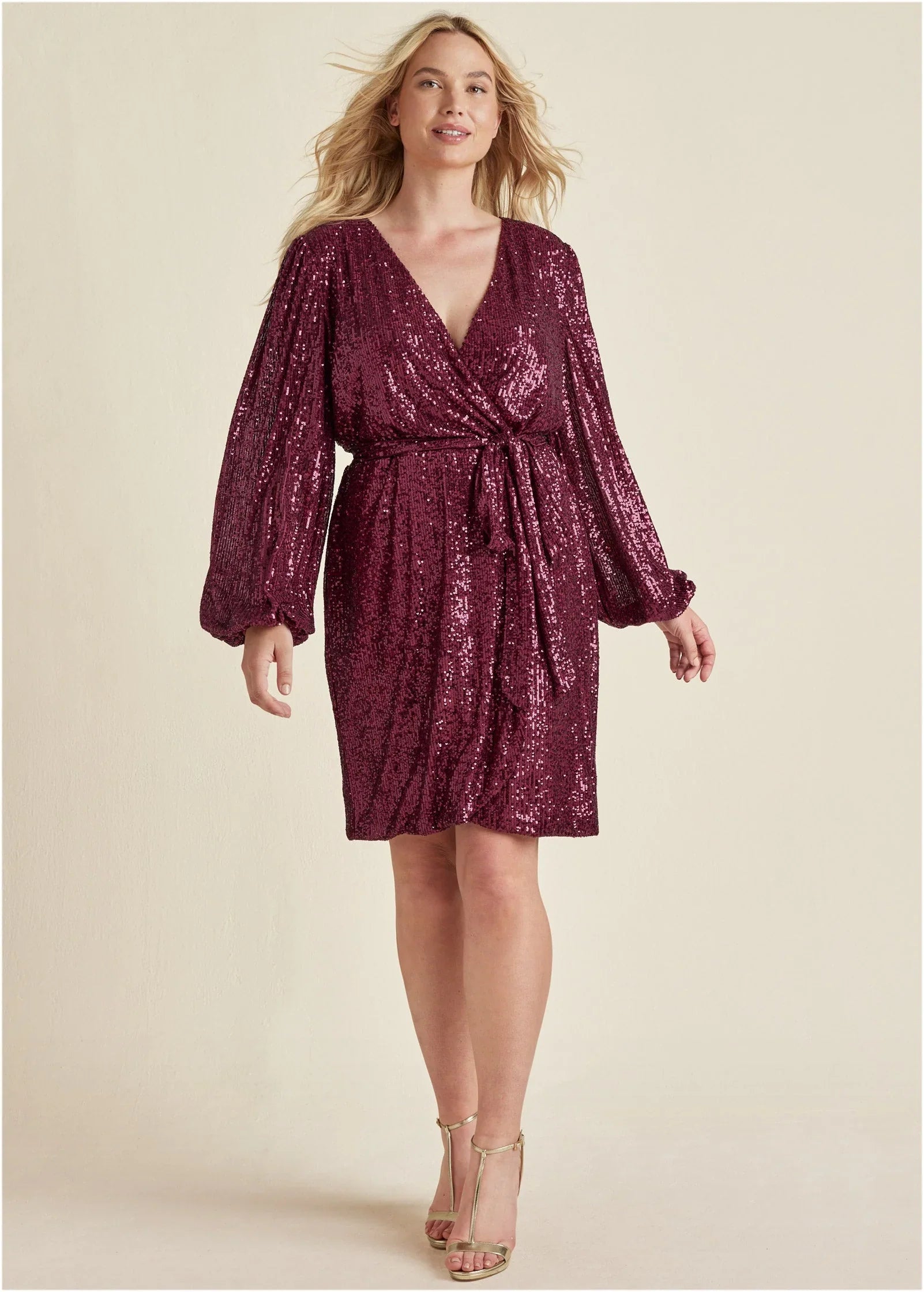 Belted Sequin Wrap Dress Wine