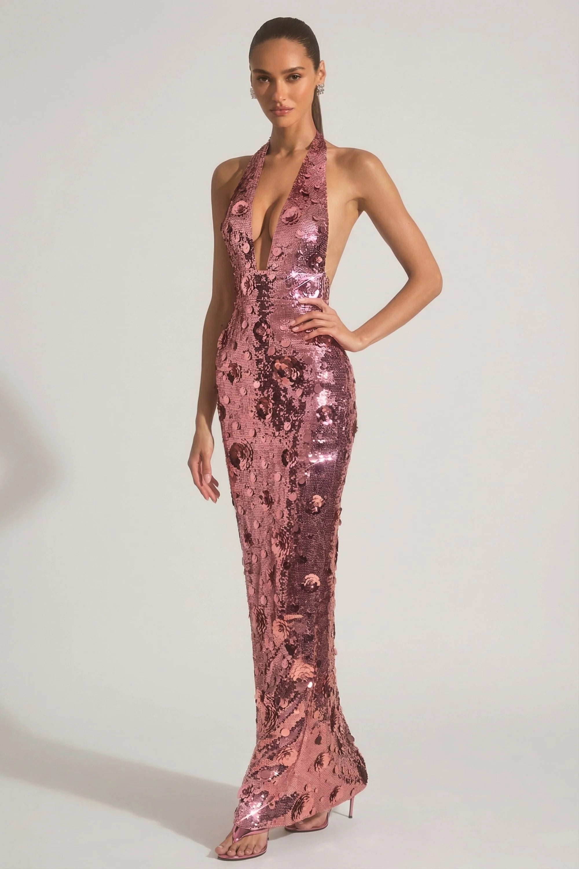 Sequin Embellished Halterneck Maxi Dress in Pink