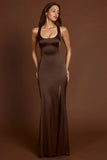 Scoop Neck Lace up Back Maxi Dress in Chocolate Brown