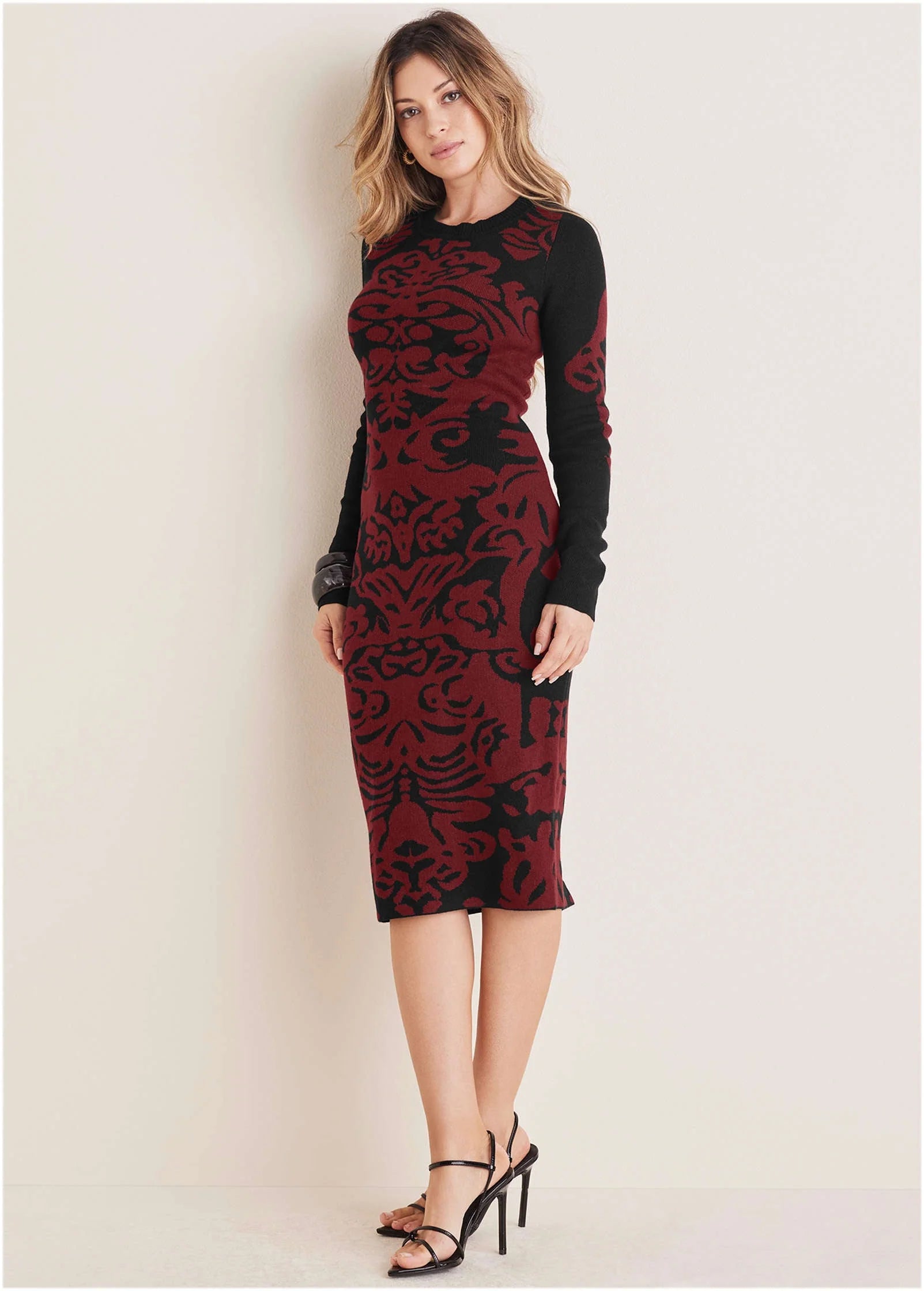 Printed Midi Sweater Dress Black Wine