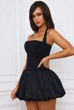 Halterneck Lace Up Bubble Hem Corset Micro Mini Dress in Black