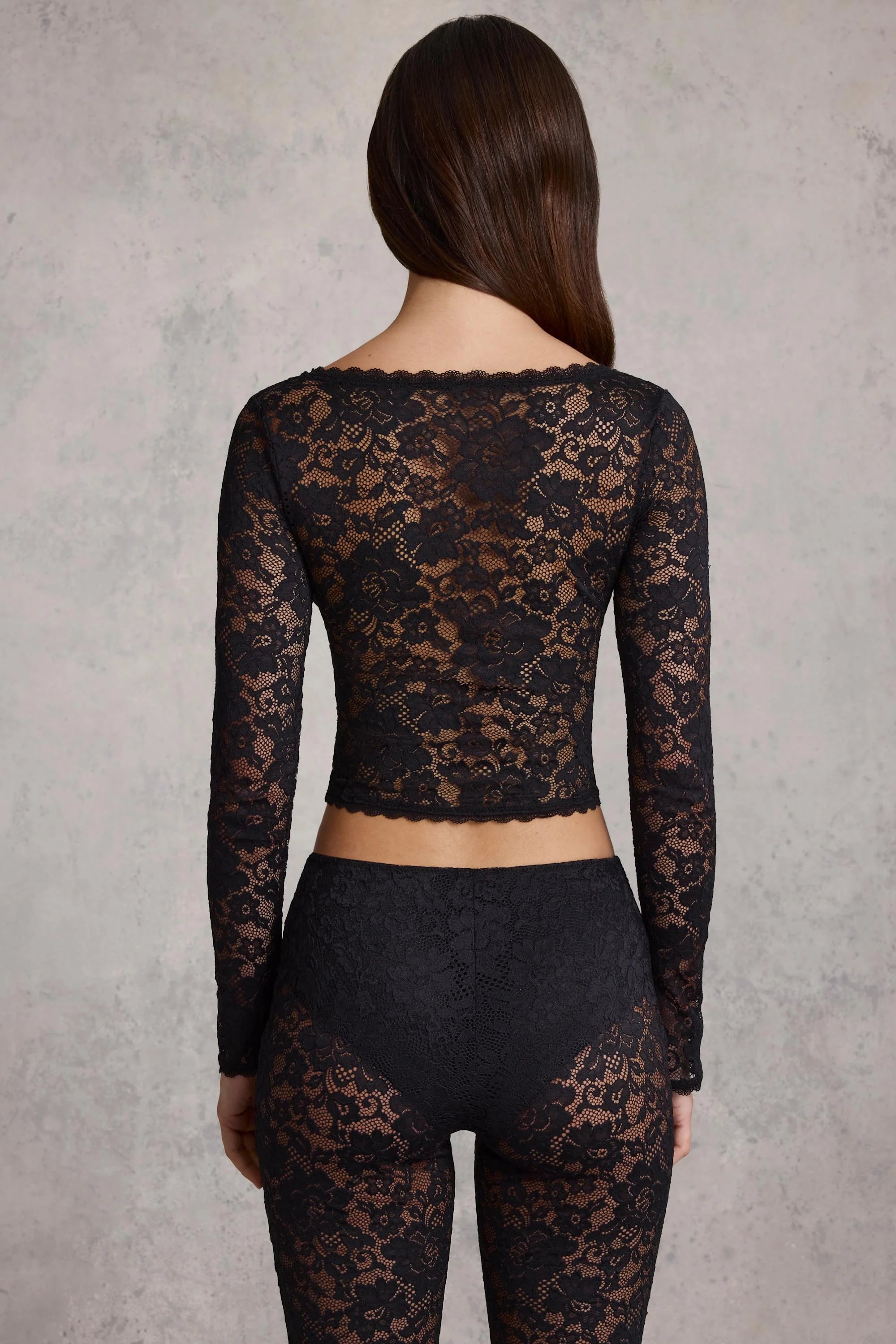 Sheer Lace Plunge Neck Long Sleeve Top in Black