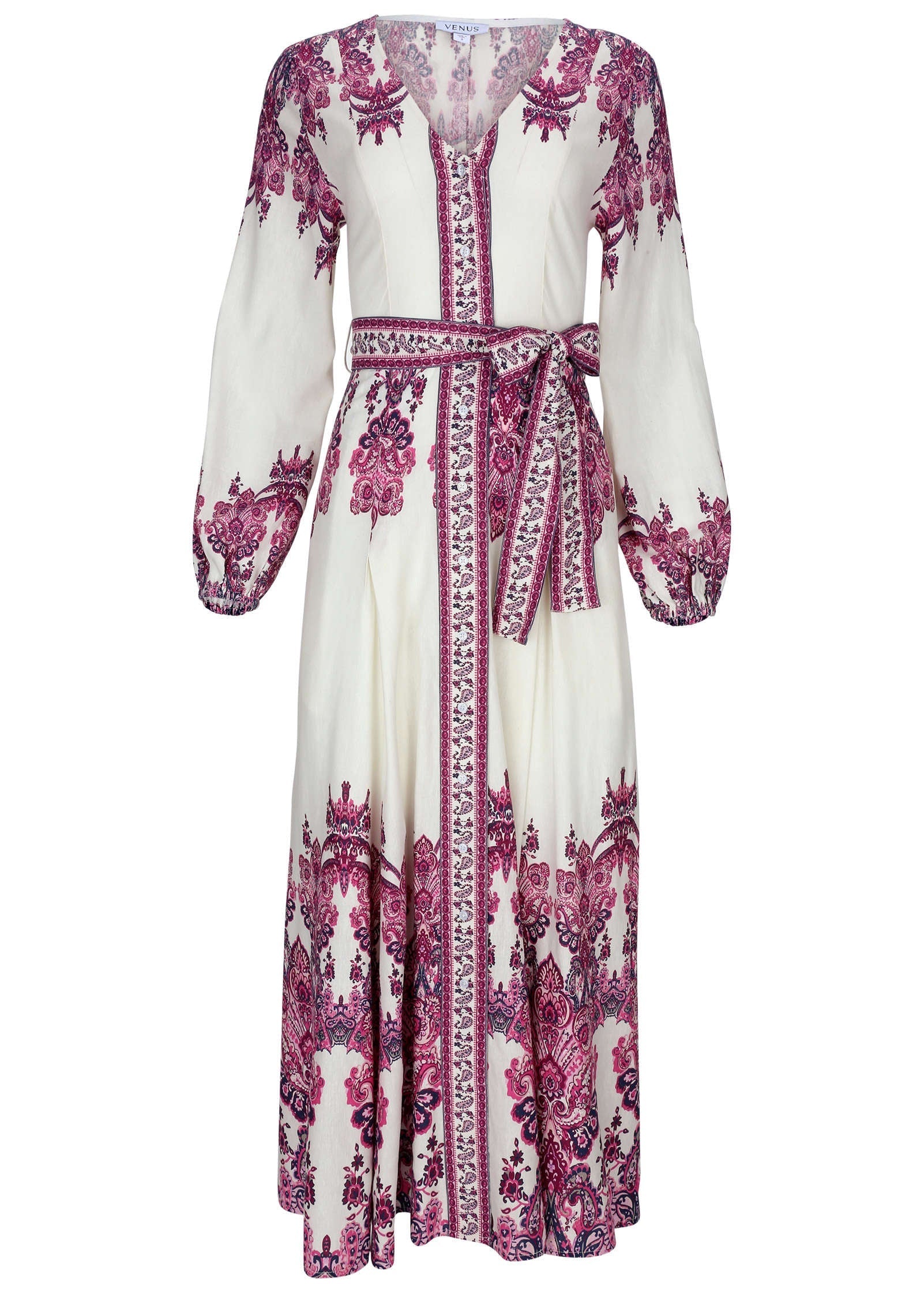 Tie Waist Linen Maxi Dress Pink Boho Paisley Border