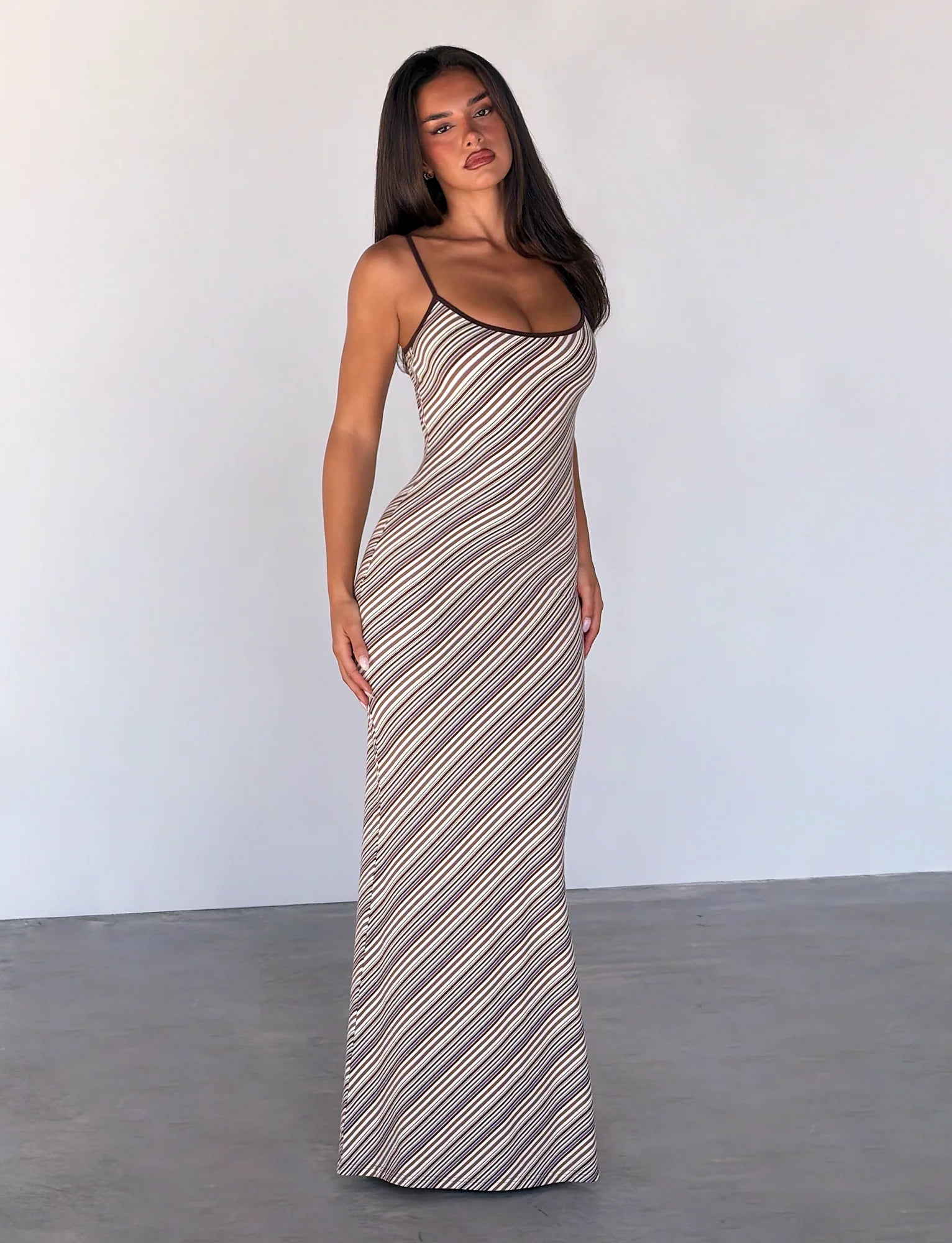 SLOANE MAXI DRESS TAN AND CHOC STRIPE