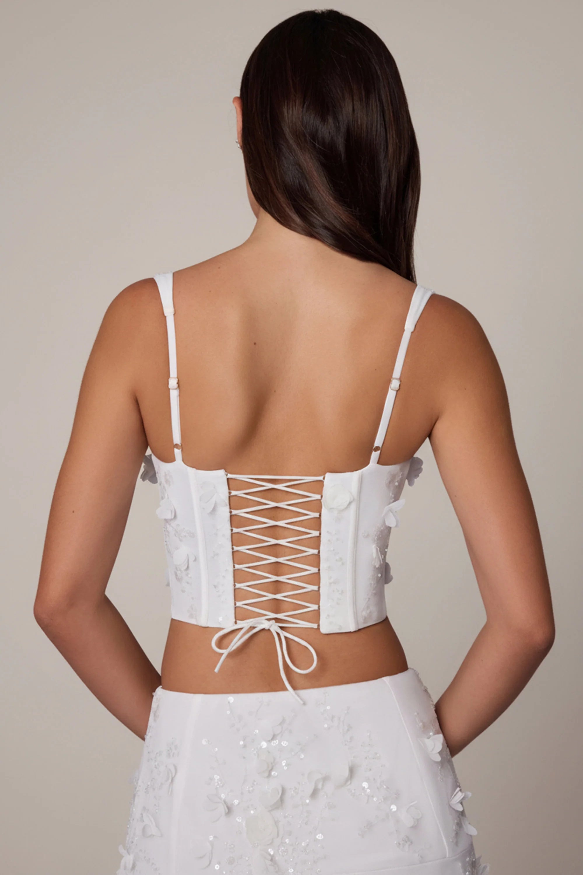 Embellished Lace Up Corset Top in White
