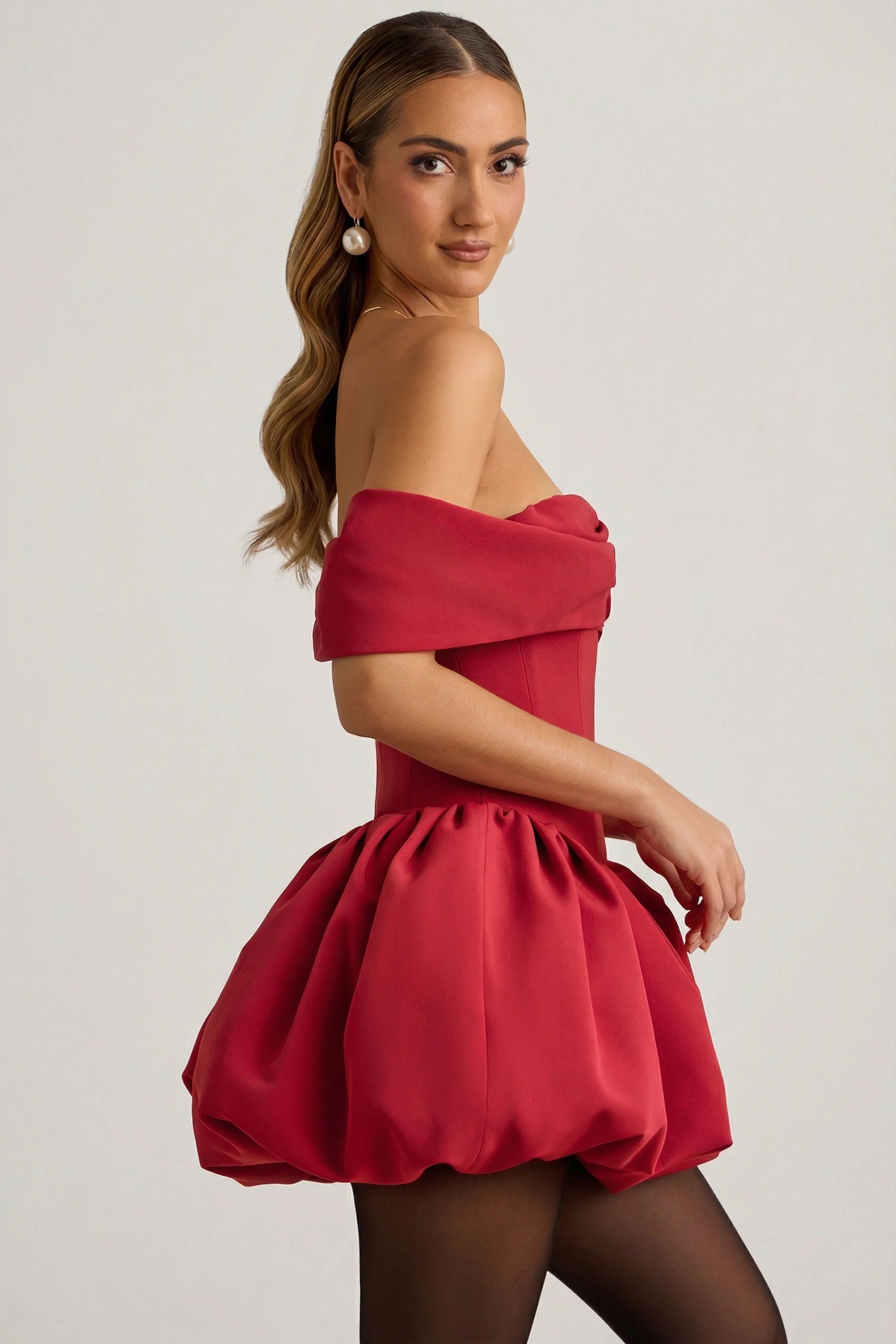 Off Shoulder Layered Bubble Hem Corset Mini Dress in True Red