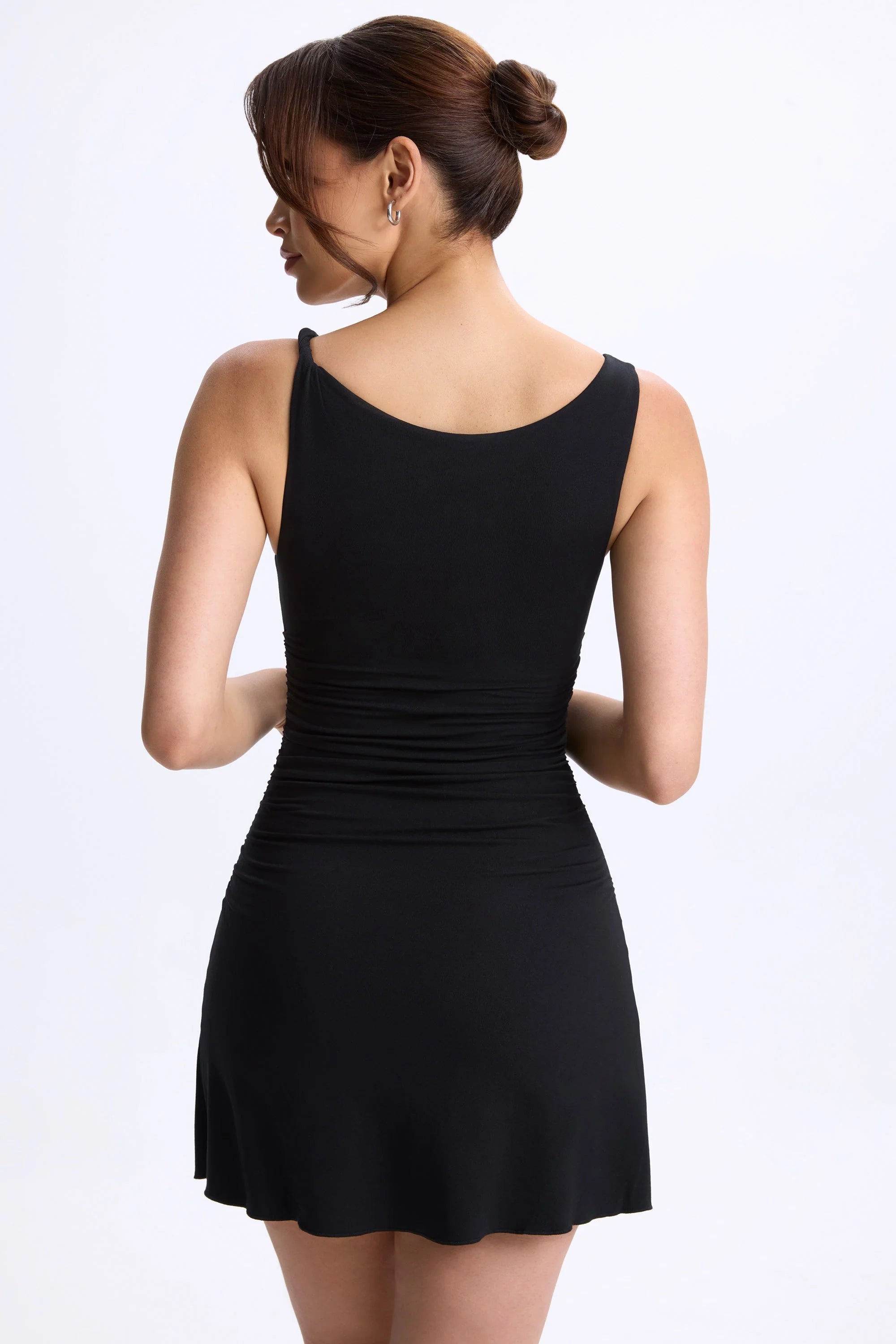 Modal Ruched A Line Micro Mini Dress in Black