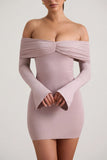 Modal Cashmere Blend Off Shoulder Ruched Mini Dress in Taupe