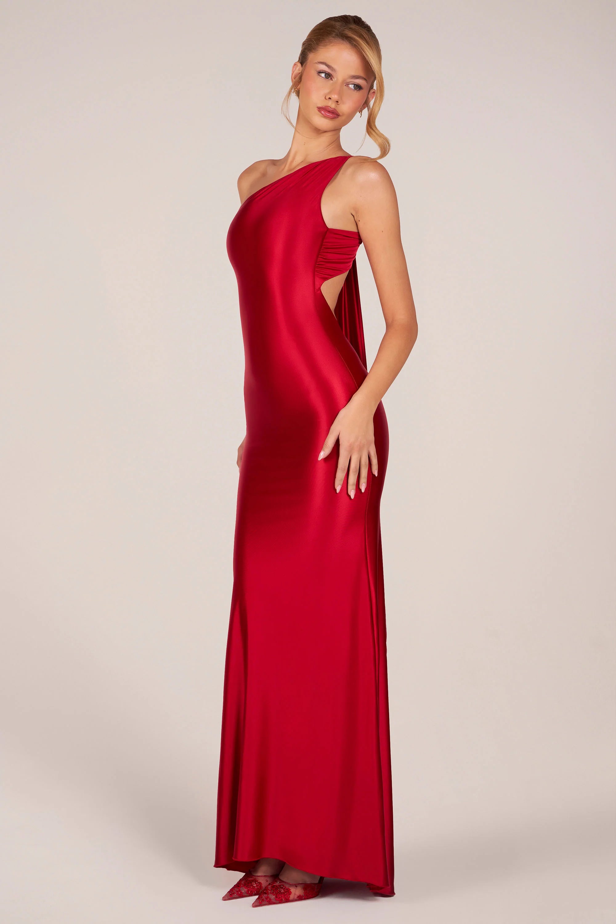 Asymmetric Tie Back Gown in Cherry