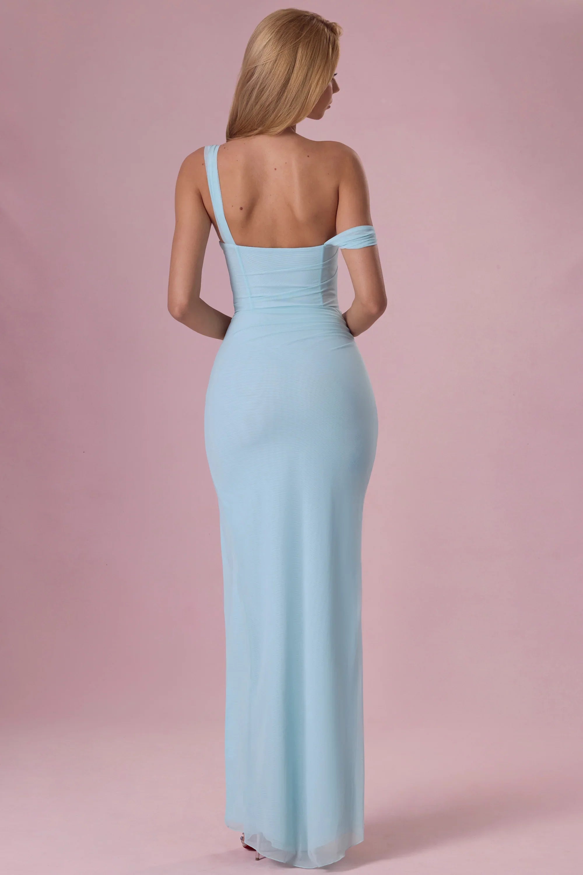 Mesh Draped Corset Gown in Light Blue