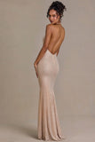 Embellished Plunge Neck Open Back Gown in Beige Gold