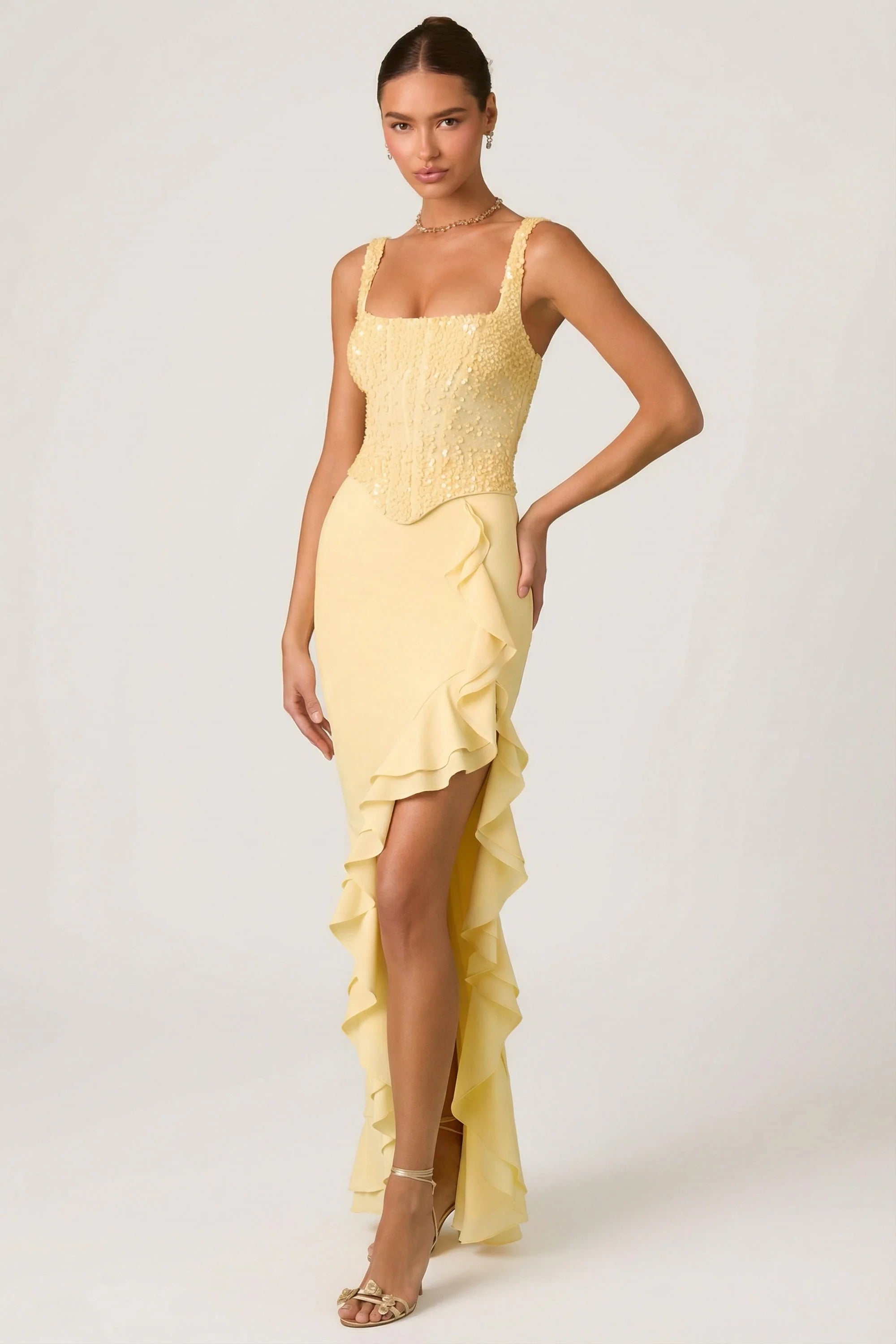 Embellished Ruffle Trim Corset Gown in Yellow