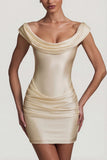 Satin Off Shoulder Draped Mini Dress in Ivory
