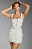Floral Appliqué Square Neck Corset Mini Dress in White
