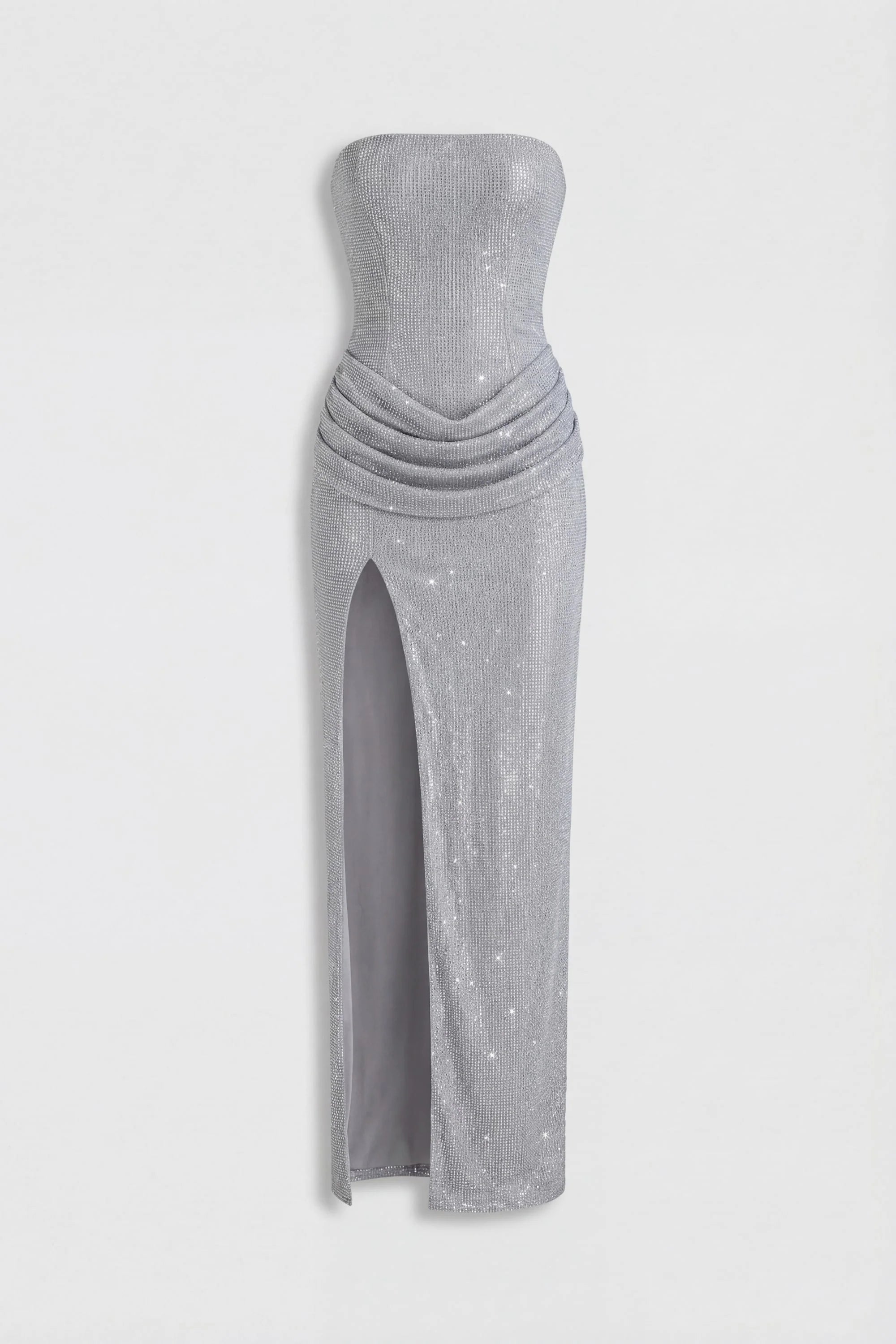 Embellished Bandeau Cowl Waist Maxi Dress in Silver