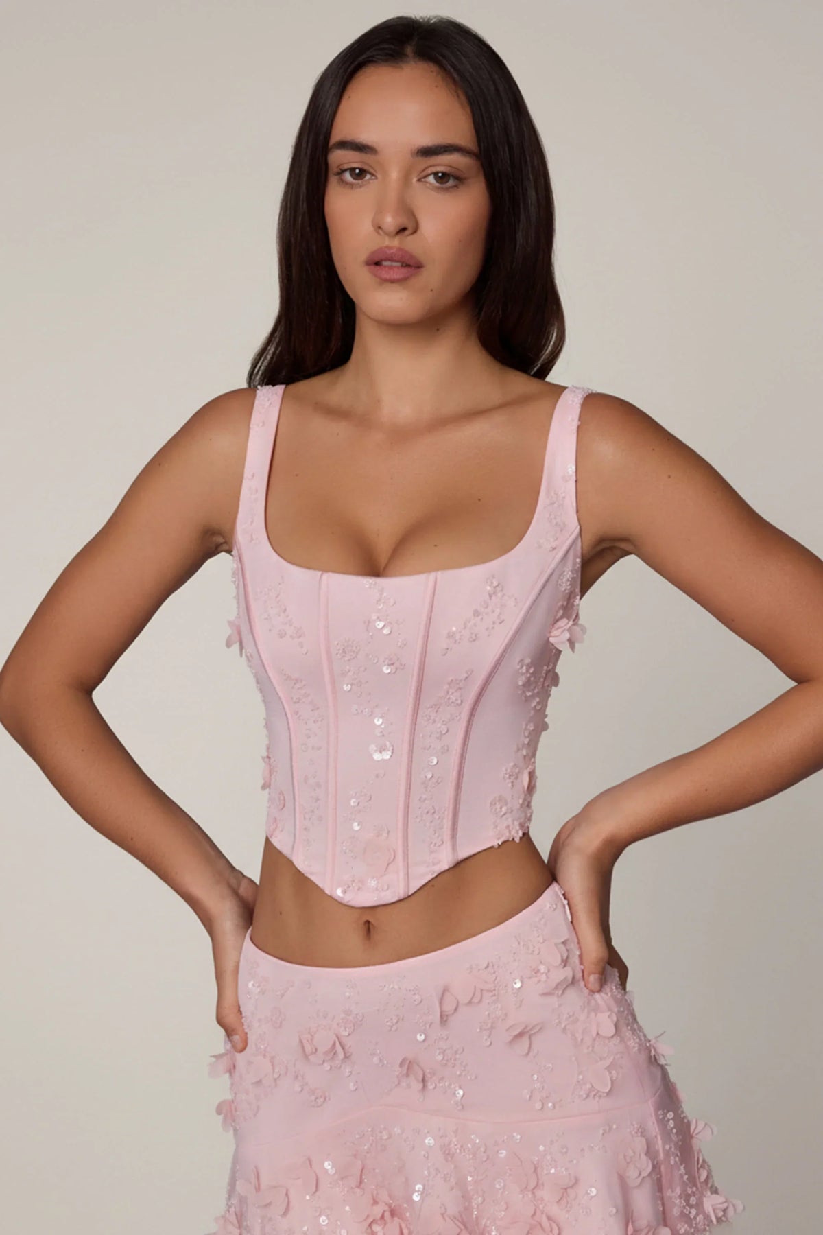 Embellished Lace Up Corset Top in Soft Pink