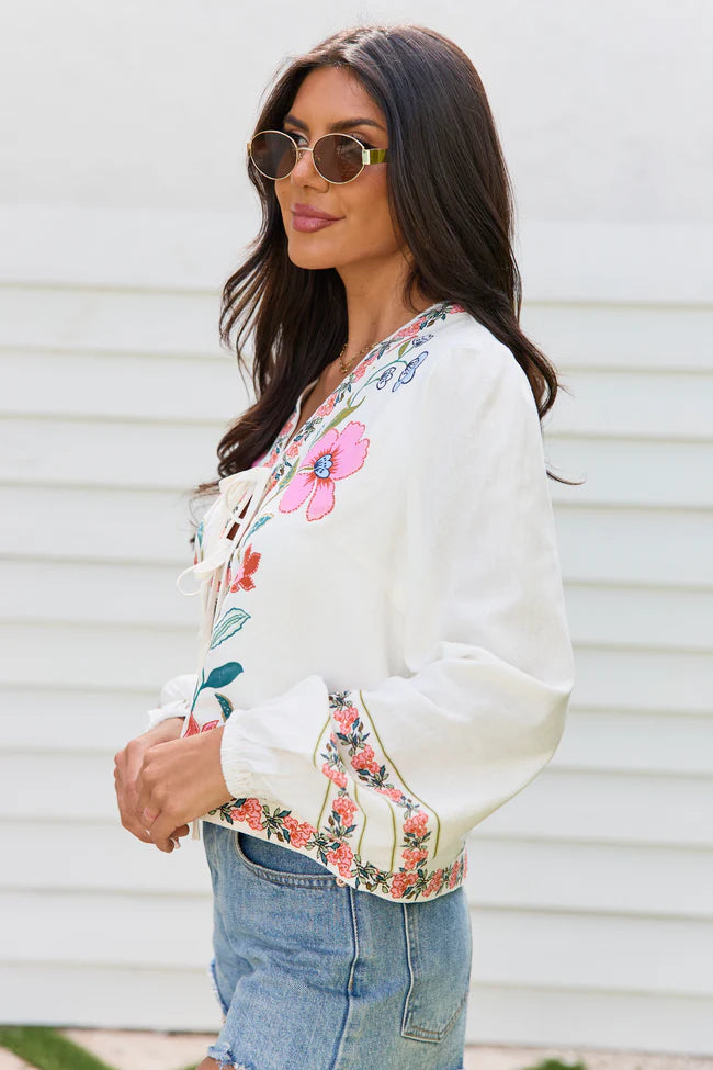 Maclyn White Floral Long Sleeve Tie Front Top