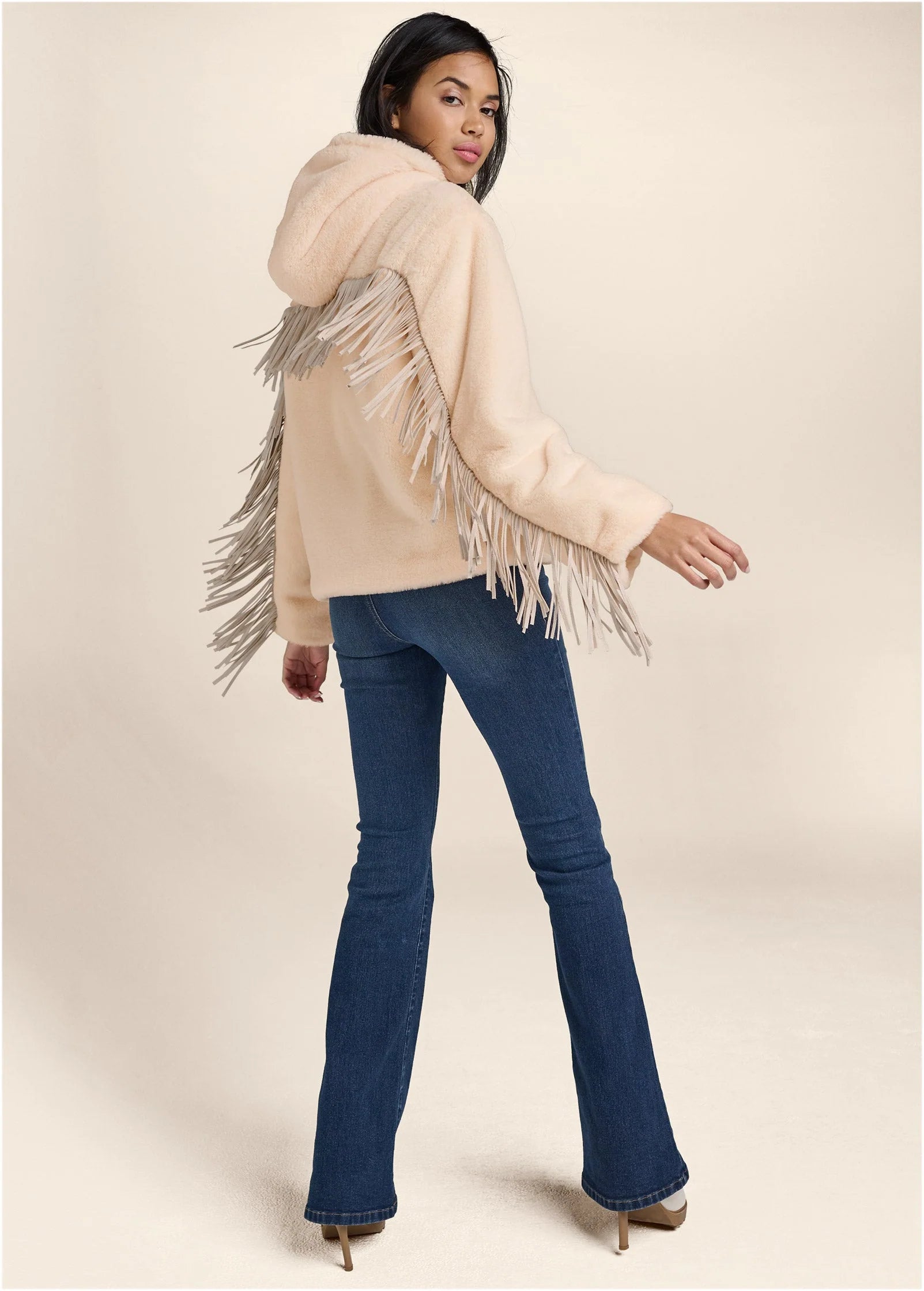 Faux Fur Bomber Jacket With Fringe Detail White