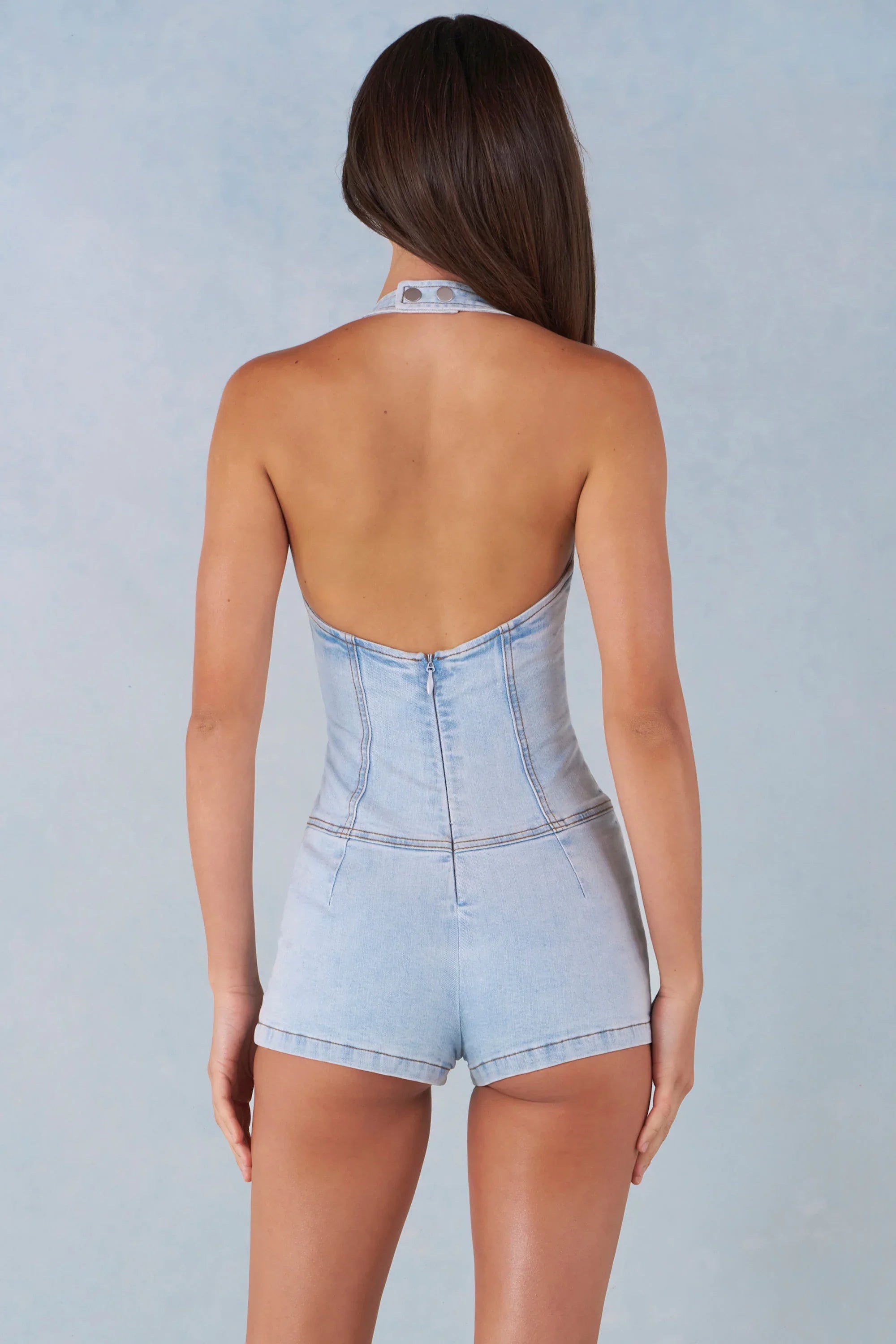 Button Down Halterneck Playsuit in Light Denim